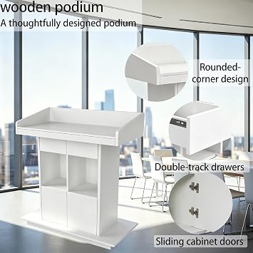 Podium Stand with Lockable Wheels, Portable Wooden Podium, Wood Speaking Lectern Stand, Pulpits Stand Church Pulpit for Conference, Office, School, Restaurant,White