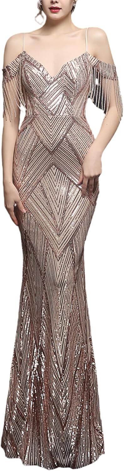 Women V Neck Off Shoulder Backless Sleeveless Floor Length Sequin Wedding Evening Party Maxi Prom Dress