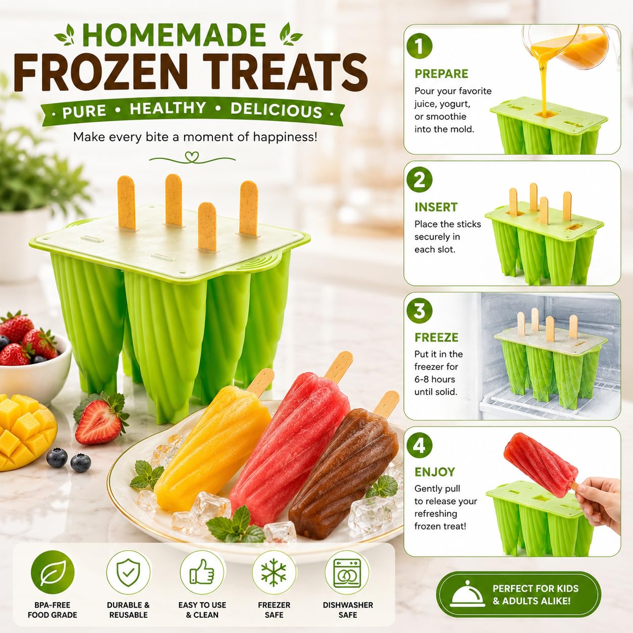 BPA Free Ice Lolly Maker - 8 Reusable Popsicle Molds -4 BPA Free Ice Lolly Maker - 8 Reusable Popsicle Molds -4