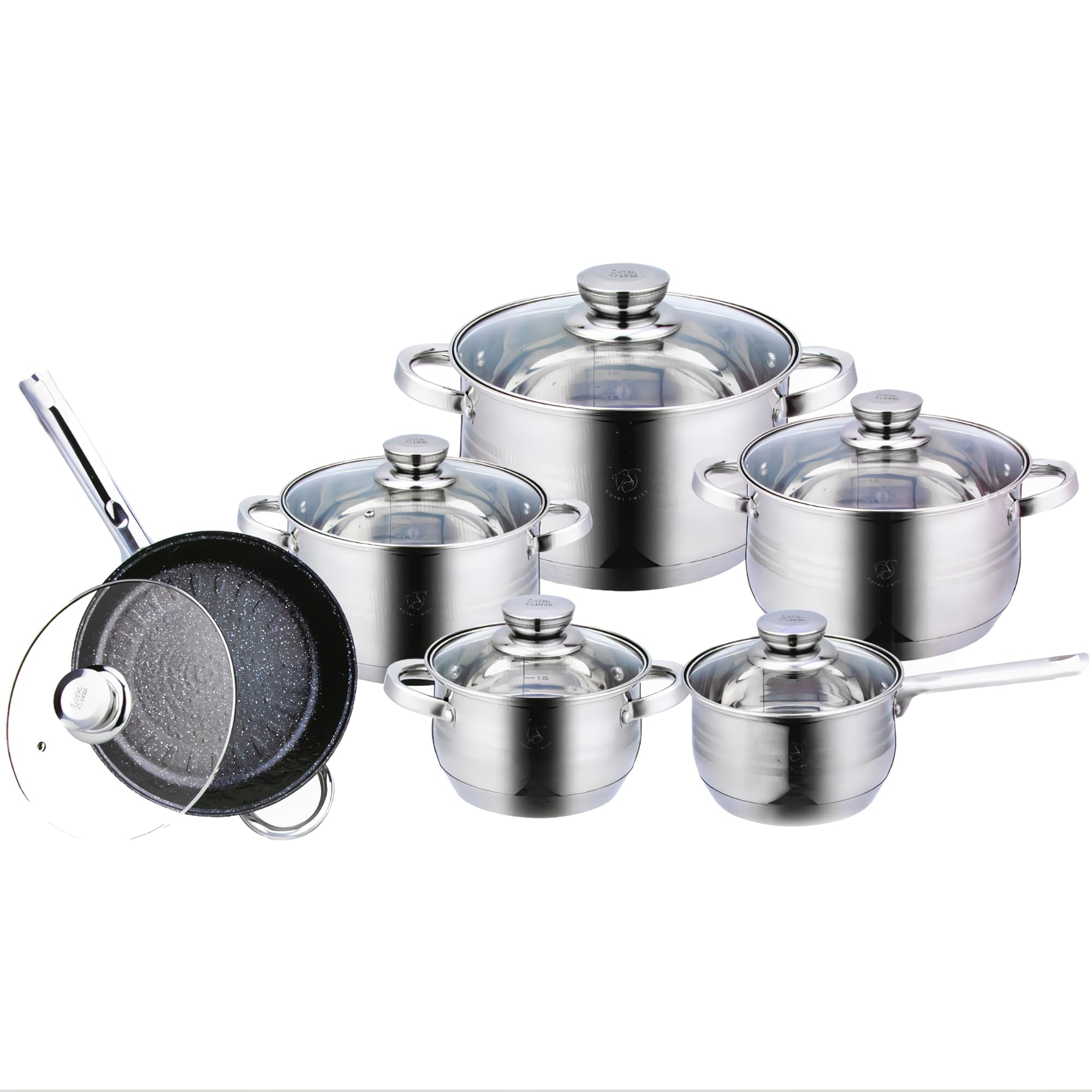 Batería de Cocina 12 Piezas, Juego de Ollas y Sartén Antiadherente de Acero Inoxidable, Compatible con Inducción, Gas y Vitrocerámica, Set Profesional para Cocina