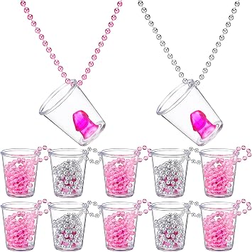 12 Pcs Bachelorette Shot Glasses Set, Bachelorette Party Favors Shot Cups, Funny Plastic Beaded Gifts Shot Glass for Bachelor Wedding Party Decorations Non-Luminous, Pink/Silver Chain