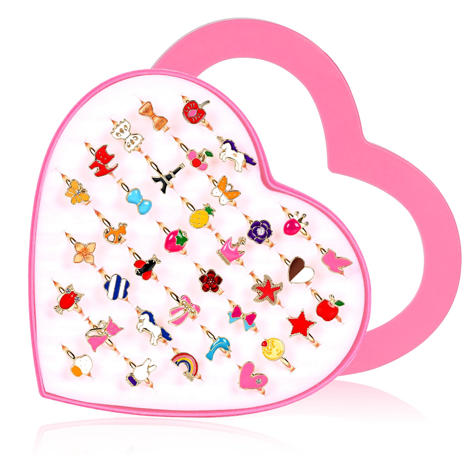 Gaethra Adjustable Girls Rings, 36 Pieces Adjustable Rings, Little Girls Rings Kids Birthday Gift Rings With Heart Shaped Box