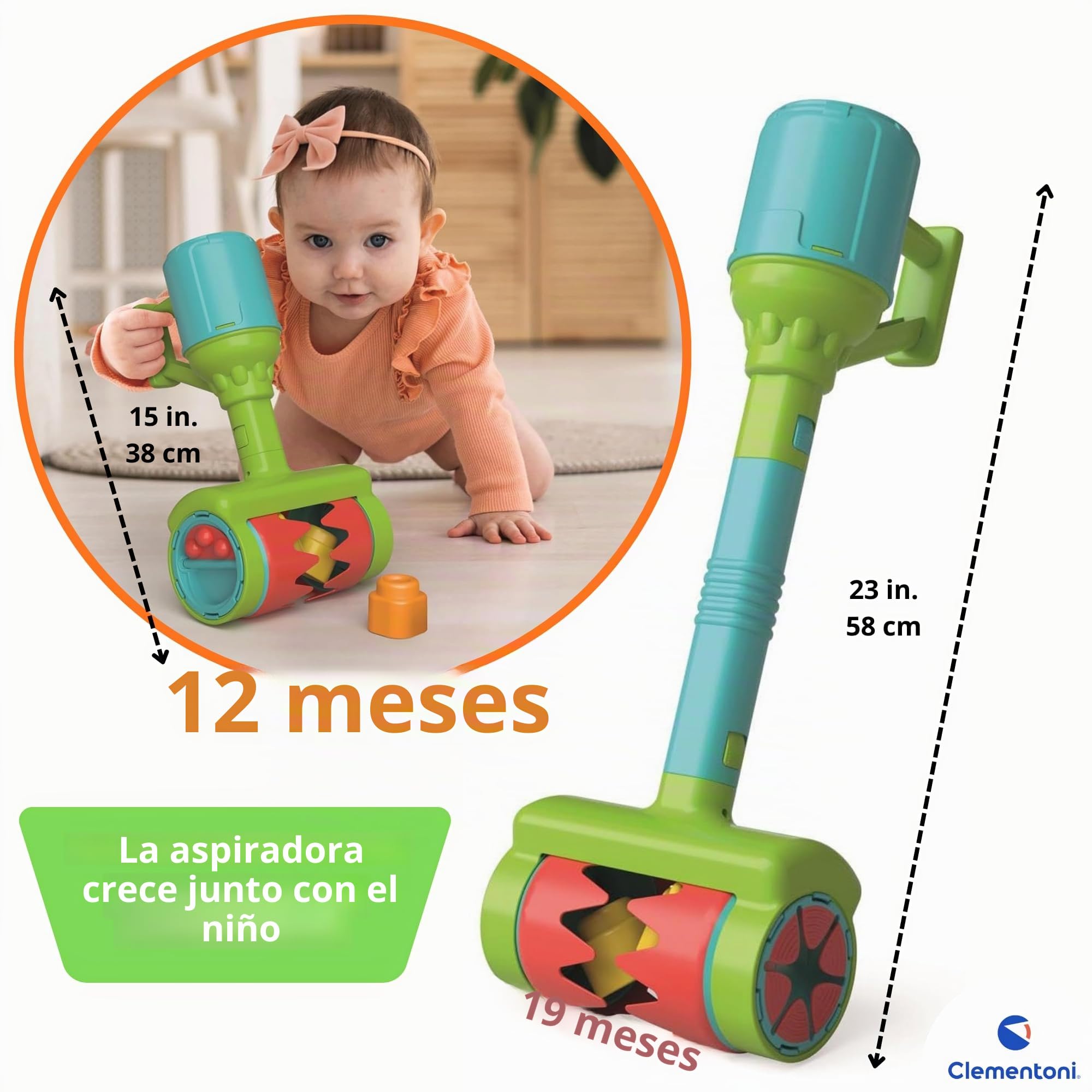 Clementoni - Soft Clemmy - Aspiradora Sensorial Touch & Play - 6 Bloquecitos Blandos, Desarrolla Sentidos y Manualidad, 12+ Meses, 25x20 cm, 17975