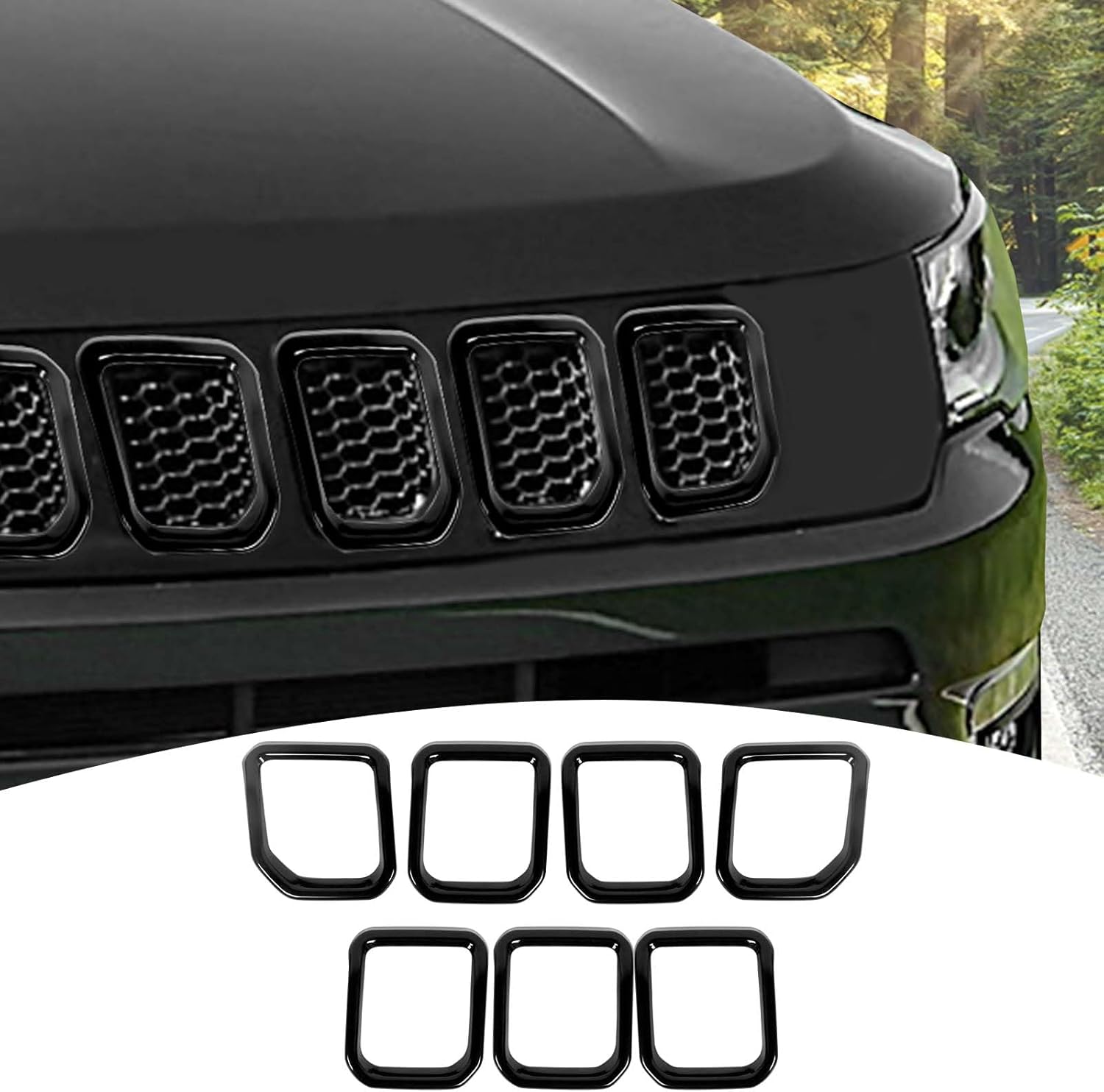 for Compass Front Grille Insert Cover Trim Frame Compatible with Jeep Compass 2021 2022 2023 Black Exterior Accessories 7pcs
