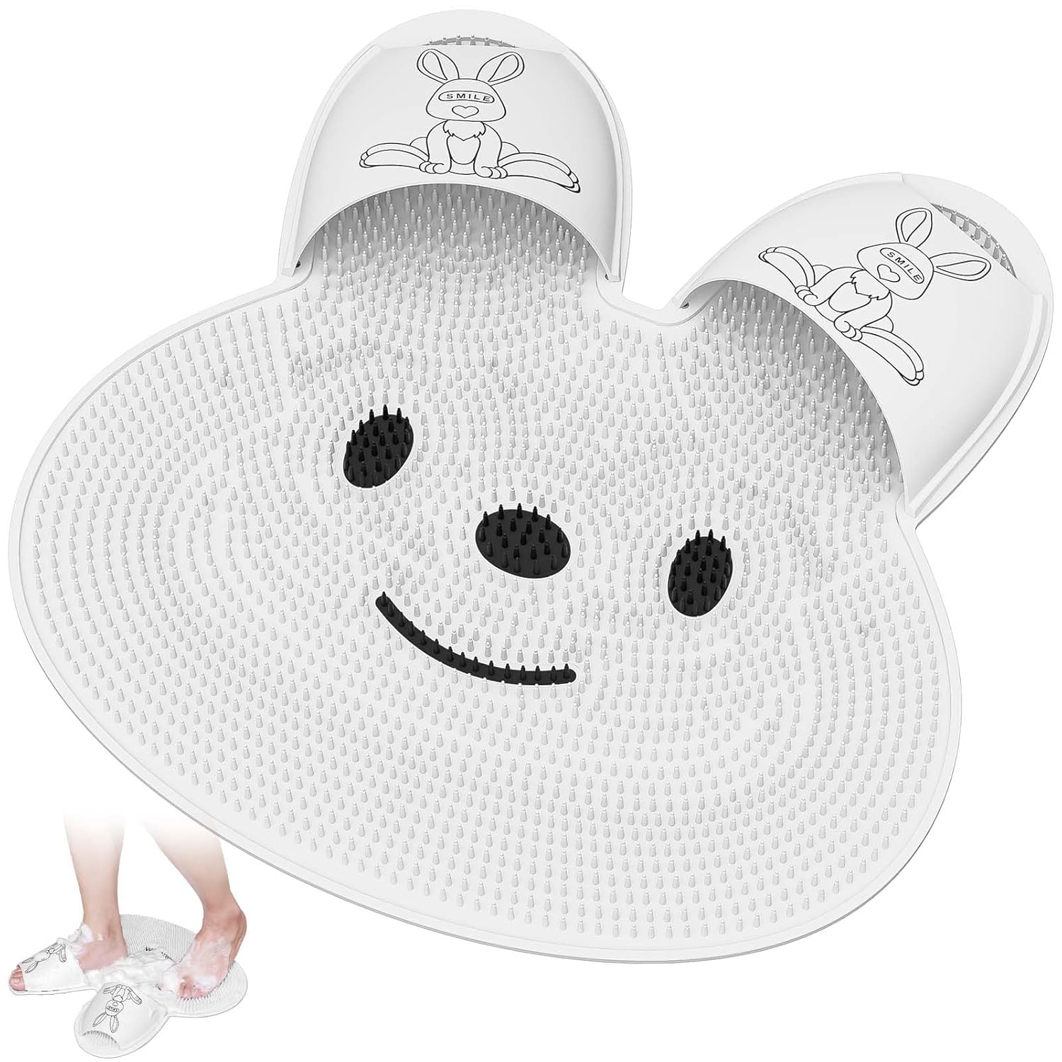 manmihealth extra-large shower foot scrubber mat with non-slip suction cups, rabbit-shaped silicone foot scrubber in shower for men & women (white) rabbit foot scrubber(white)