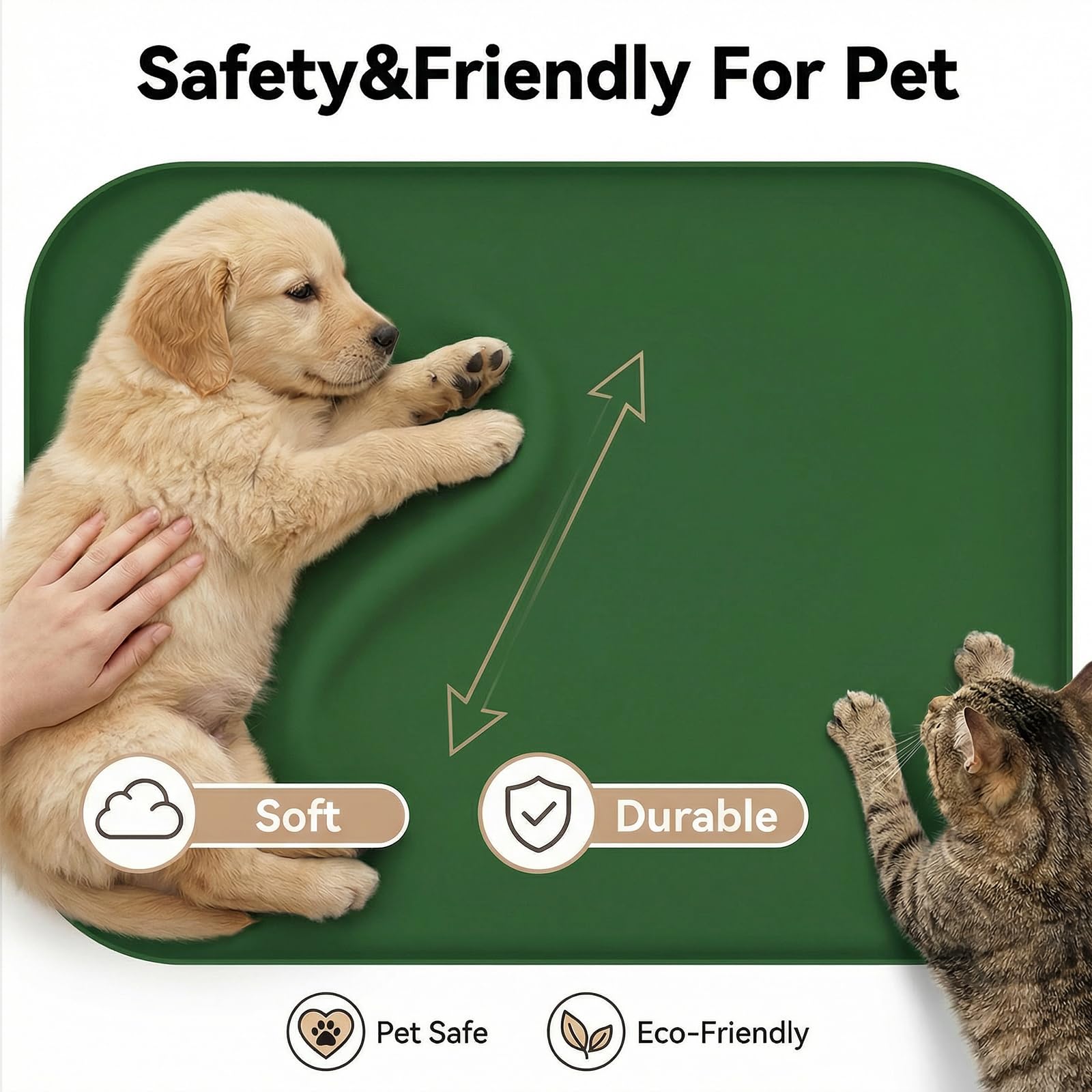 BLESWIN Tappetino impermeabile in silicone per alimentazione animali domestici con bordi rialzati, tappetino per ciotola gatto facile da pulire (Verde scuro, 60×40 cm)