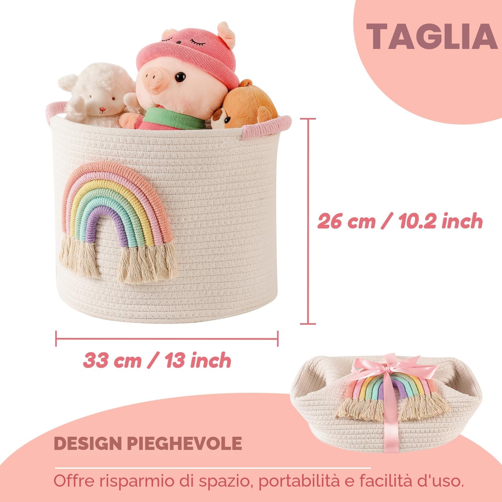 Cestini di immagazzinaggio dei giocattoli, cesto di stoccaggio in corda di cotone tessuto con decorazione arcobaleno per bambini, cestini per coperte, organizer per giocattoli, cestino arcobaleno per