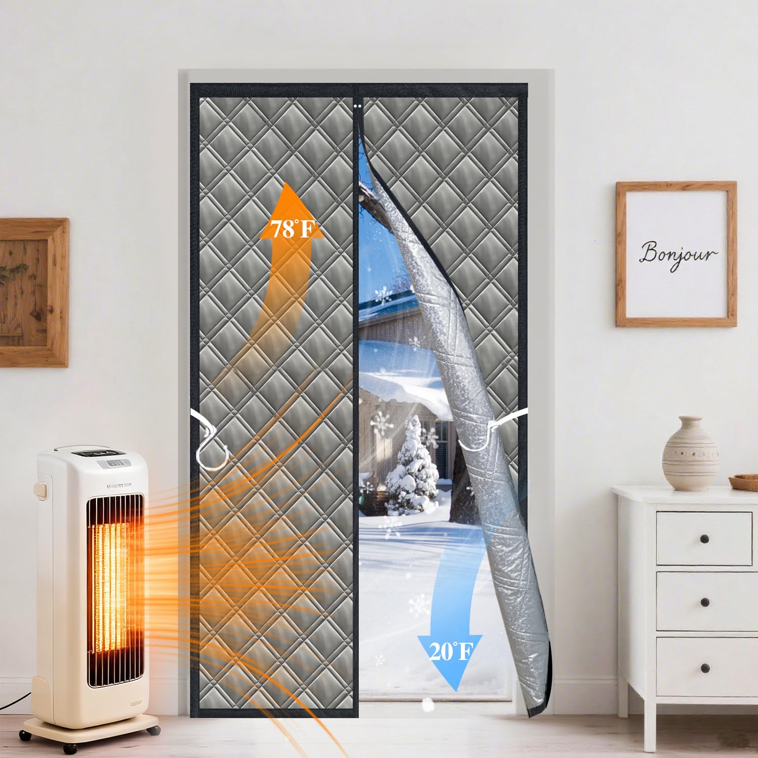 Aozzy Magnetic Thermal Insulated Door Curtain 38 * 83" 3 Layers Thickened Oxford,Cotton &Aluminium foil,Windproof & Soundproof Winter Front Door Curtain Temporary Insulation Cover,Grey