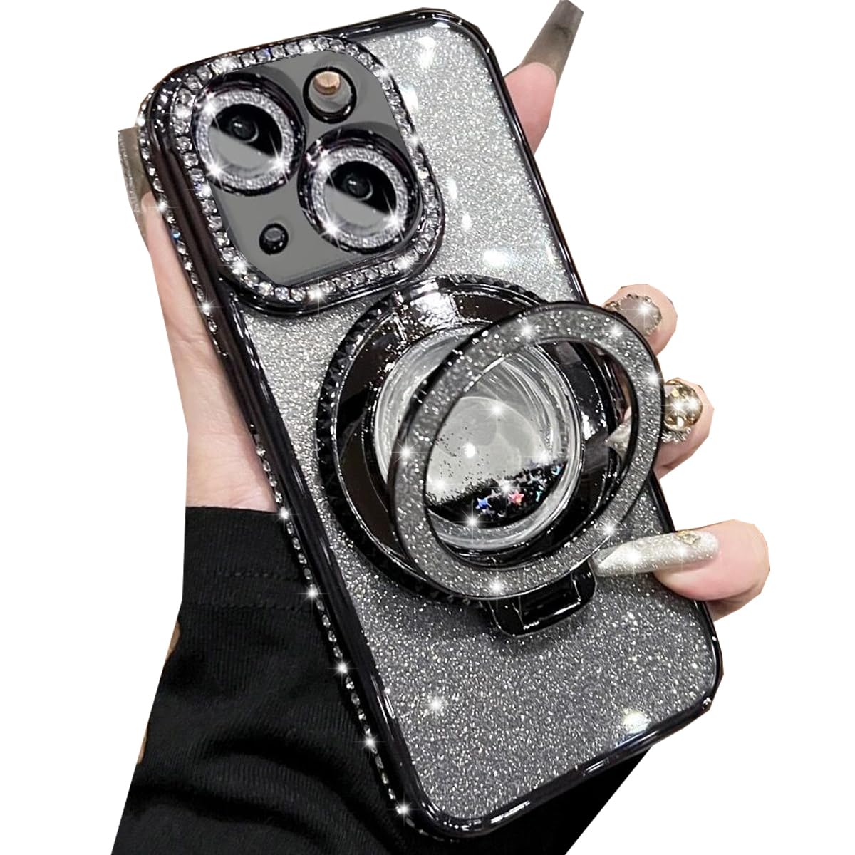 Changjia Glitter Kickstand Case for iPhone 15, Luxury Bling Sparkly Diamond Rhinestone with Camera Lens Protector Liquid Flowing Ring Stand TPU Bumper