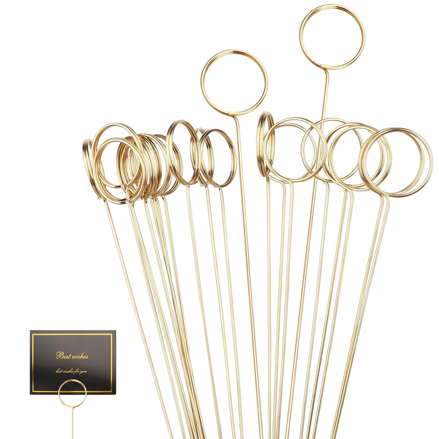 Metal Wire Floral Picks, 30 Pcs Wire Floral Place Card Holder Picks, Photo Memo Holder, Round Table Name Number Card Holder for Wedding Party Birthday (Gold) Round, 33cm