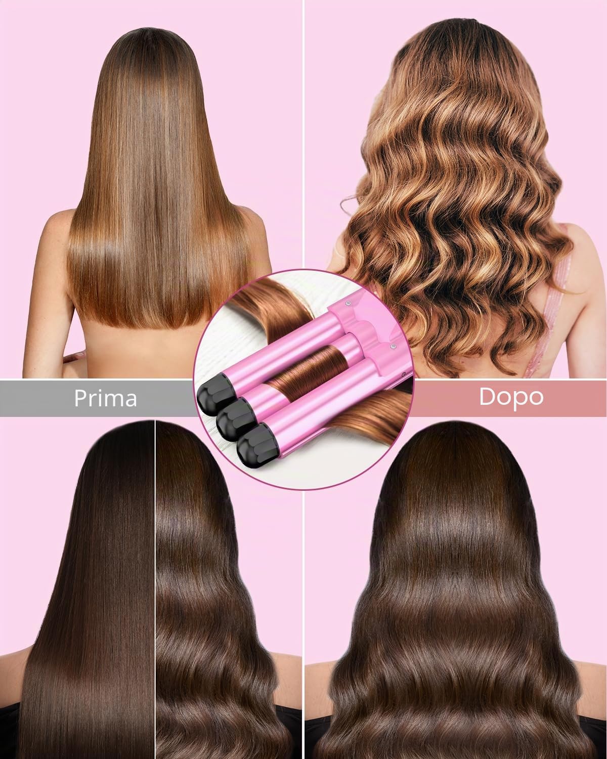 Ferro Arricciacapelli Grandi 3 Botti, Piastra Onde per Capellif-Piastra Capelli Onde, Bigodini da Spiaggia Waves, Ferro Capelli 2 Temps Livelli Onde Capelli Riscaldamento Rapido con Guanto, Rosa