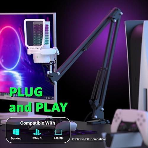 Miniatura 5 de IXTECH Micrófono para juegos para PC con brazo Boom, micrófono condensador podcast con filtro pop, botón de silencio rápido, perilla de ganancia,