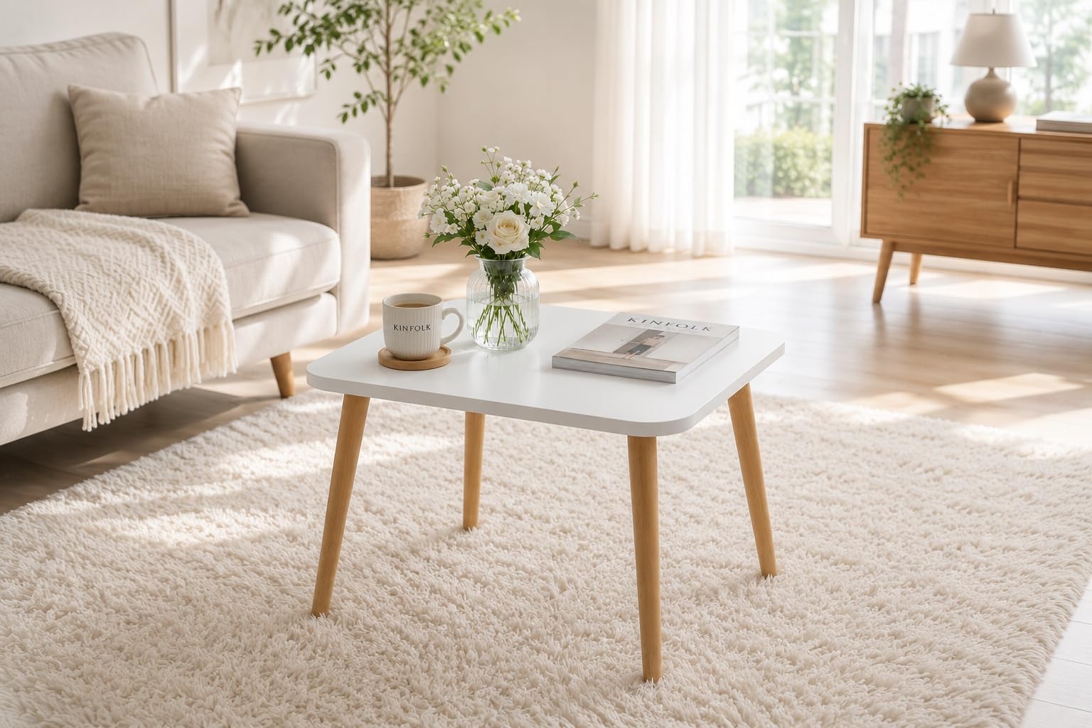 PlayPals Couchtisch Weiss Rechteckig 70x50 cm – Skandinavischer Wohnzimmertisch Holzbeine, Sofatisch Modern, Beistelltisch Holz MDF, Tisch Wohnzimmer