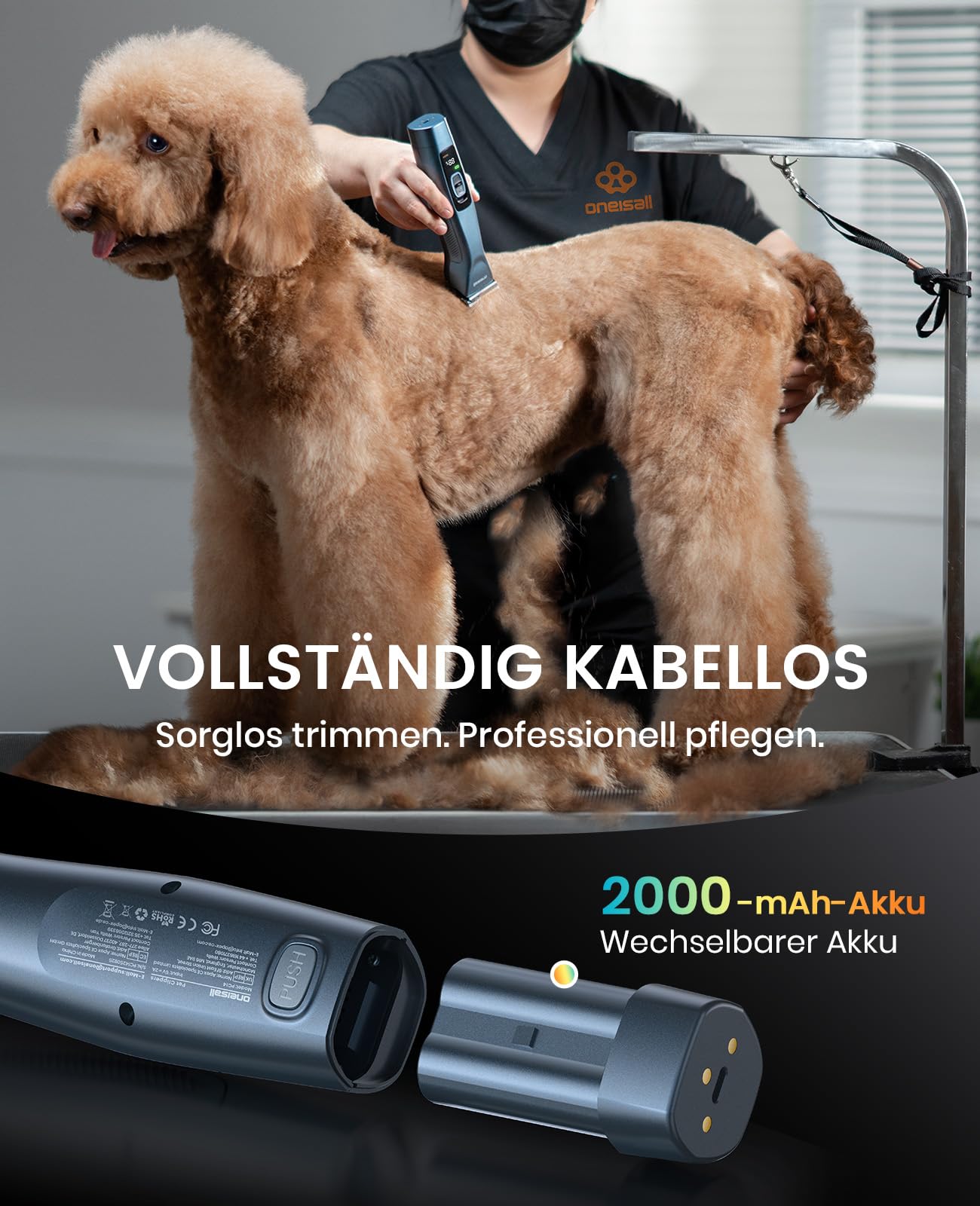 Oneisall Profesjonalna maszynka do strzyżenia psów, 2 akumulatory, 2-biegowa maszynka do strzyżenia psa, kota, cicha podkaszarka do grubej, długiej i kręconej sierści zwierząt, z grzebieniem ze stali