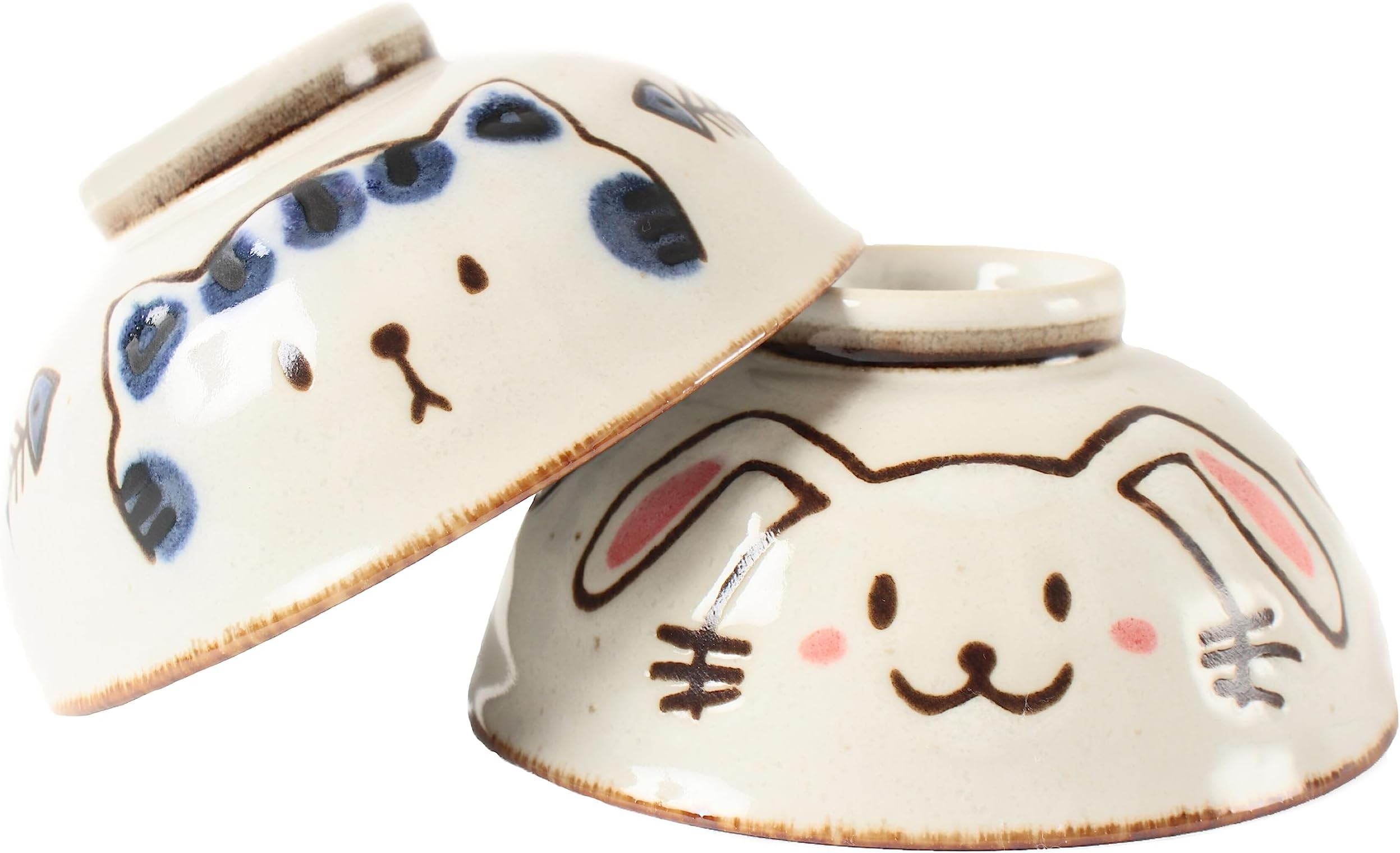 Amazon.com | Mino ware Japanese Pottery Pair Rice Bowl Cats & Rabbit ...