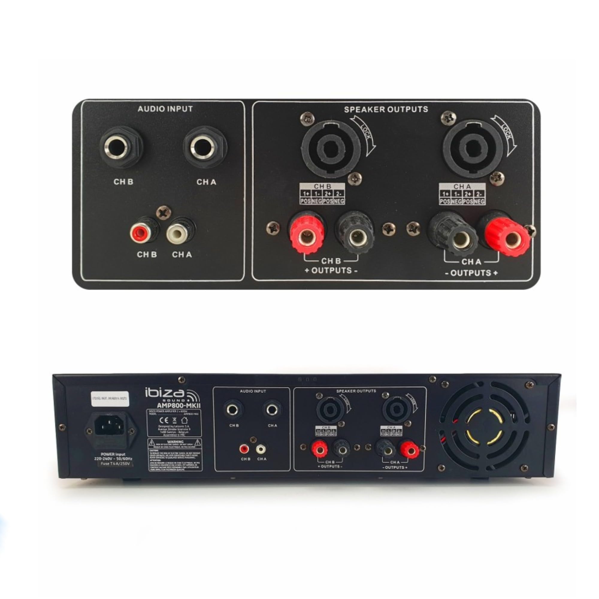 Ibiza Pack Ampli Sono Ibiza Sound 2 x 600W AMP800MKII - Câble HP Haut Parleur 3m - Câble RCA/RCA - Câble PC/RCA