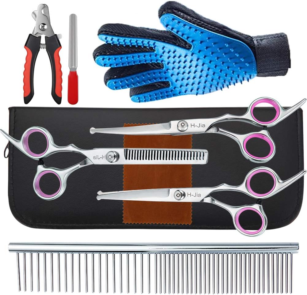 H-Jia Dog Grooming Scissors Set, Safety Round Blunt Tip Pet Grooming Kit-Straight, Curved, Thinning Shears with Comb Grooming Glove,…