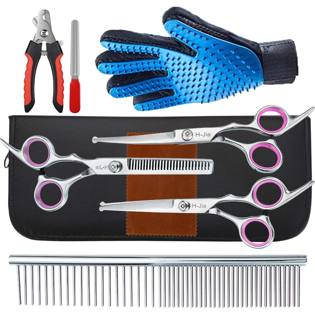 HJia Dog Grooming Scissors Set, Safety Round Blunt Tip Pet Grooming KitStraight, Curved