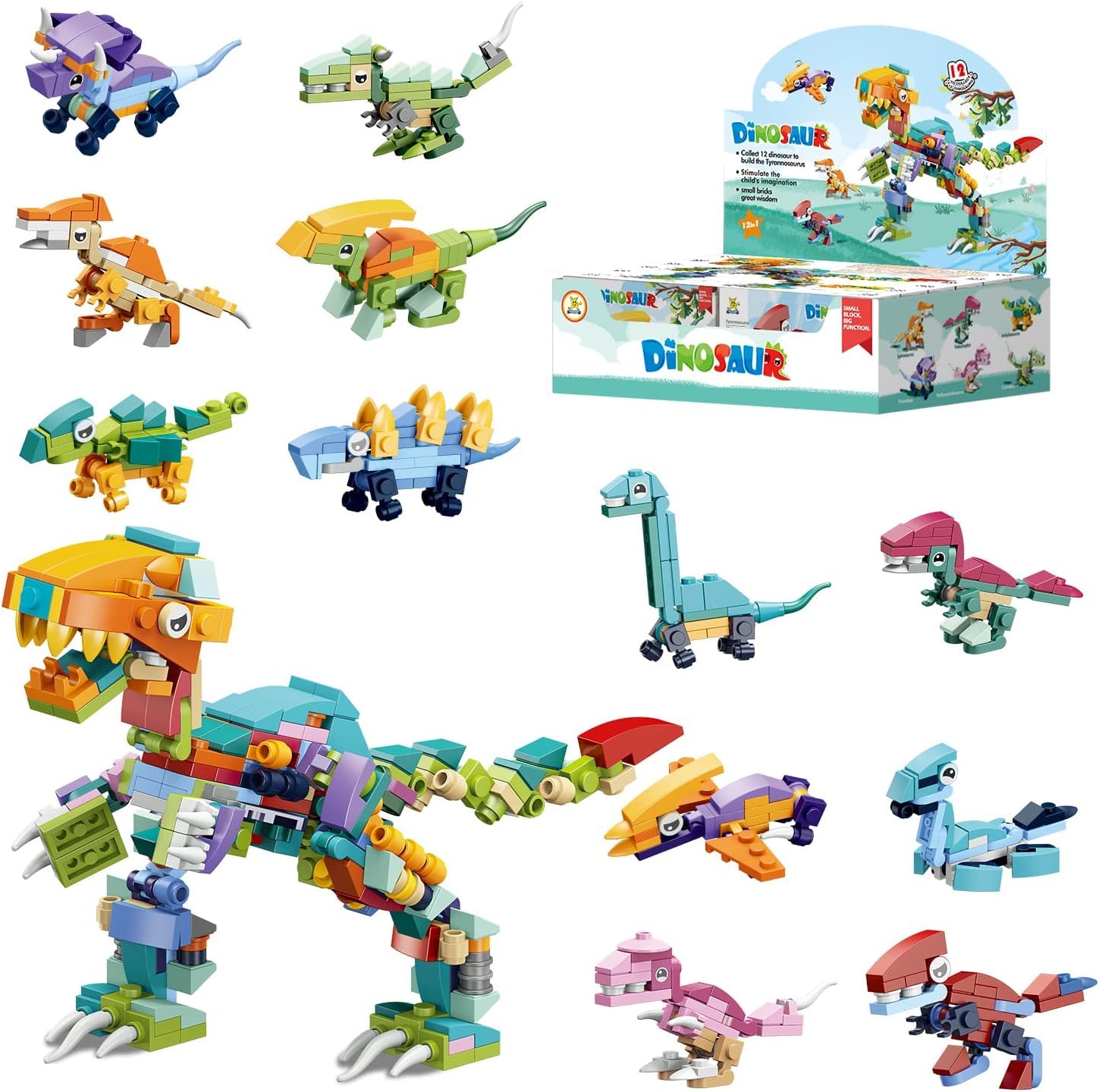 Dinosaur Building Block Set, 12 Pcs Mini Building Blocks Toys, 12 In 1 Pre Filled Stem Building Blocks Toys, Classroom Prize Toys, Party Favor for Kids, Birthday, Carnival Prizes, Easy to Assemble