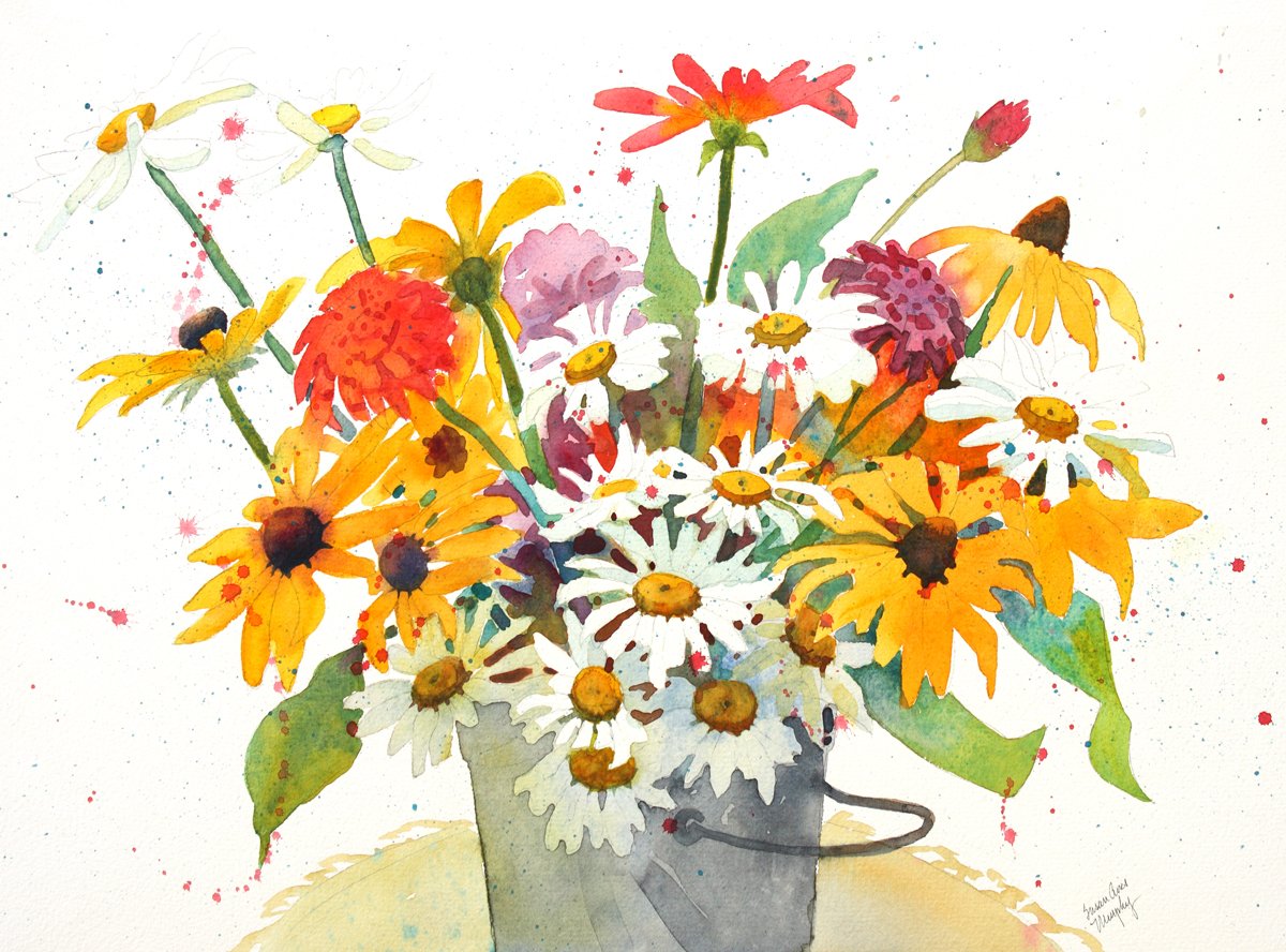 Style ARThouse Flowers From Holly, Giclee Print of Watercolor, Picture of a Bucket of Fresh Flowers Including Daisies and Black-eyed Susans, 15 X 19 Inches