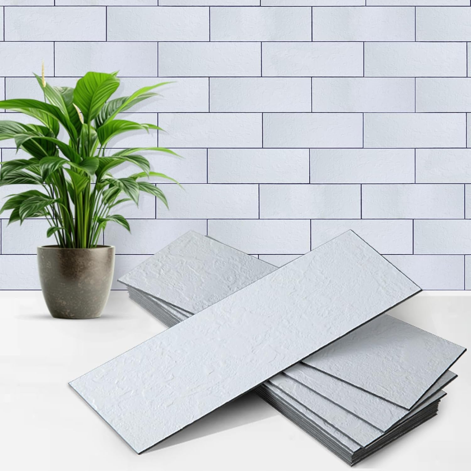 40PCS Peel and Stick Backsplash, 3" x 9" SPC Wall Tiles, Upgraded Structured Soft Glossy Ivory White Slate with Black Grout Backsplash Stick on Tile for Kitchen, Bathroom, Fireplace, RV