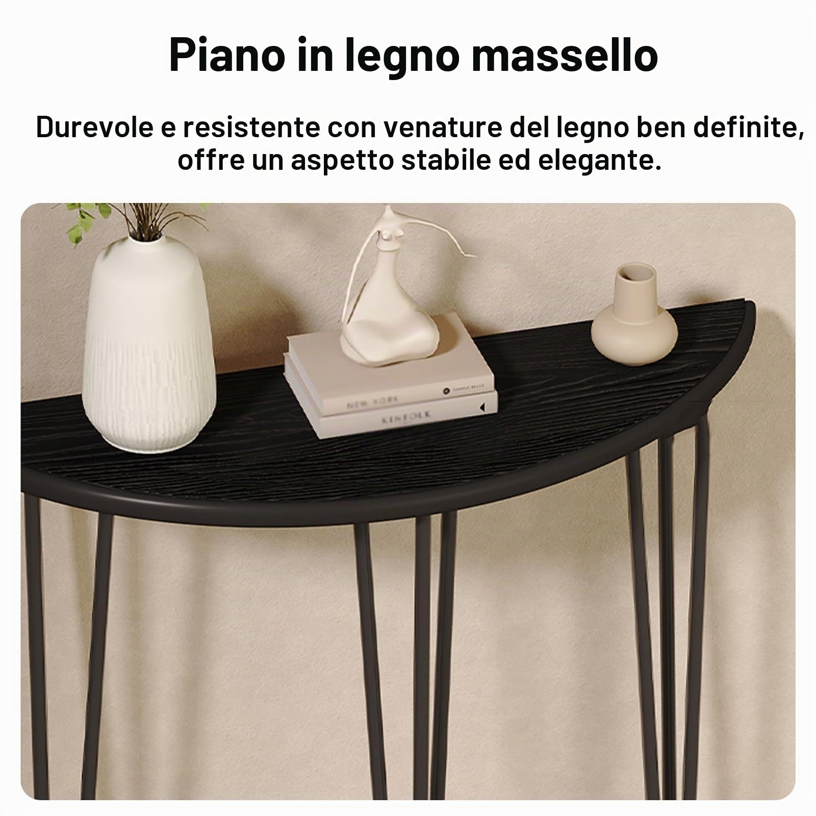 SEIFE Tavolo consolle a mezzaluna, tavolo decorativo semicircolare per divano, tavolino stretto per soggiorno, per corridoio, ingresso(Black,60CM/23.6in)