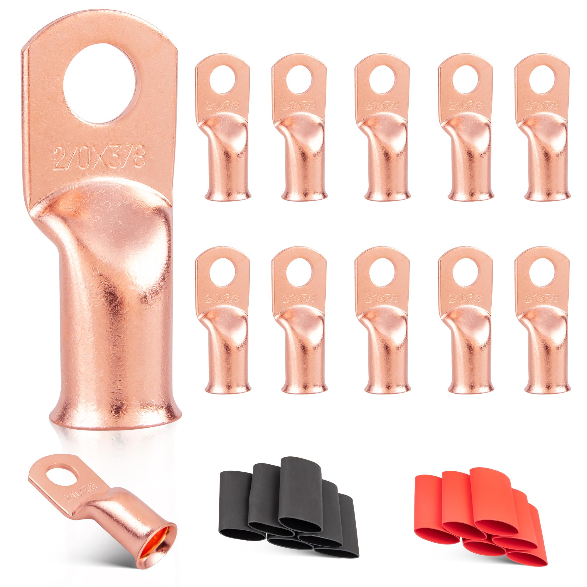 RED WOLF 2/0 AWG 3/8" Battery Cable Lug 12 PCS w/3:1 Heat Shrink Tubing for Wiring Insulation Black Red 12 PCS for Automotive Electrical 00 Gauge Wire