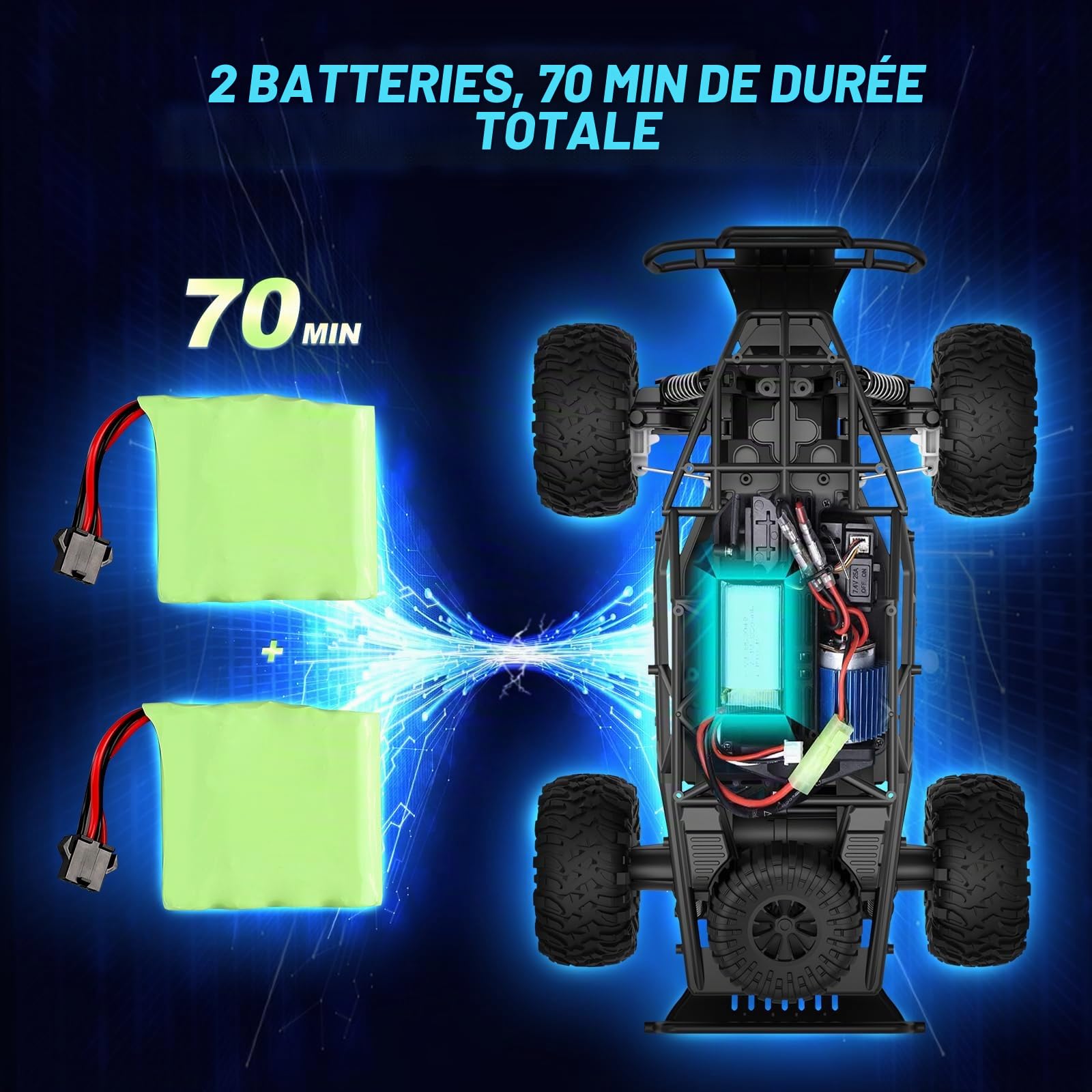 Voiture Télécommandée 1:16 Échelle 2,4GHz RC Buggy Tout-Terrain 25KM/H 2 Batteries 70 Minutes Voiture de Course Crawler Truck - Jouet Cadeau pour Enfants