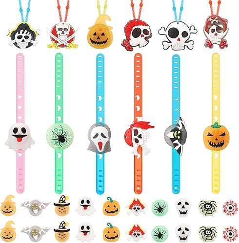 Miniatura 5 de Recuerdos de fiesta de Halloween, juguetes para niños, 82 piezas de suministros de fiesta que brillan en la oscuridad, 50 anillos + 20 broches + 6