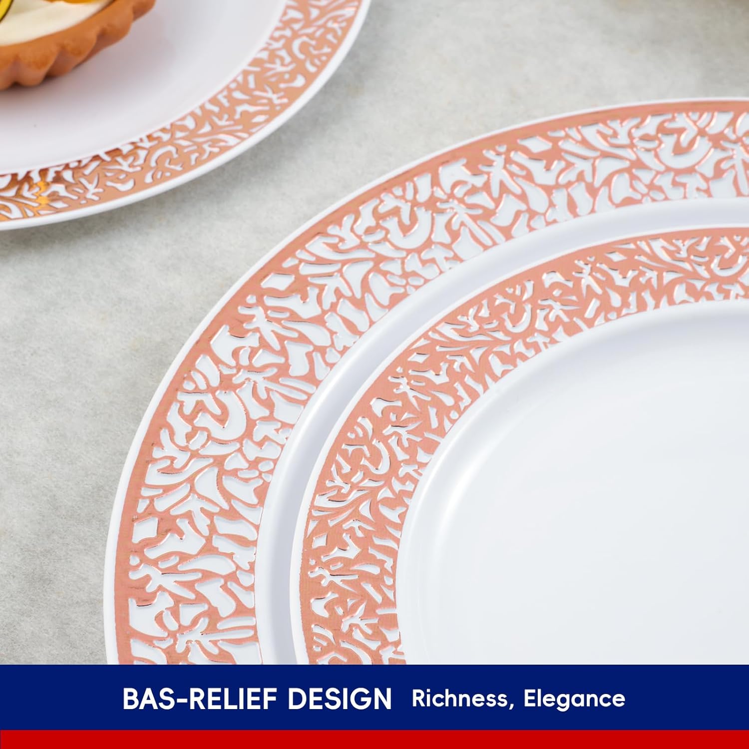 150 Count Rose Gold Dinnerware Set, Elegant Disposable Include: 25 Gold Lace Plastic Plates, 25 Dessert Plates, 25 Forks, 25 Knives, 25 Spoons, 25 Cups for Party, Thanksgiving