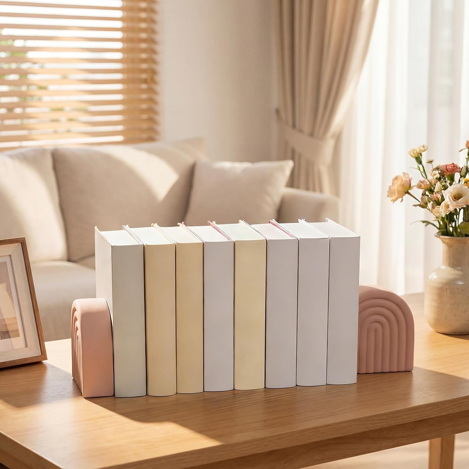 Soft Coral 2 Pcs Boho Arch Concrete Bookends for Shelves Decorative Book Holder Stopper with Anti Slip Pads for Heavy Books Home Office Aesthetic Library Decor (Rainbow)