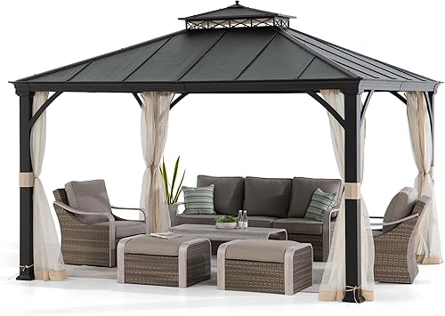 Sunjoy Gazebo negro de 2 niveles para patio al aire libre, 11 x 13 pulgadas, con gancho de techo de metal y red