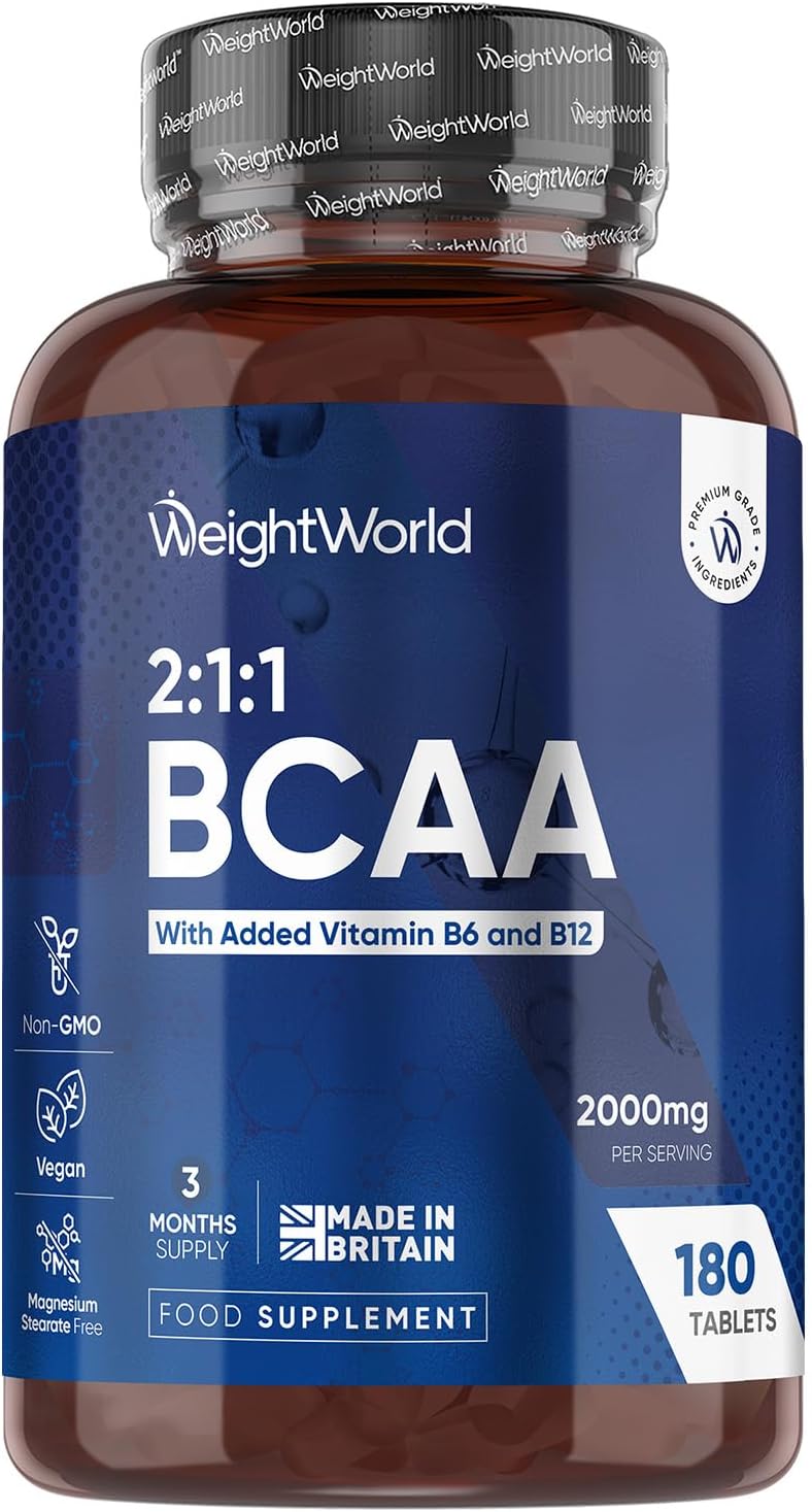 WeightWorld BCAA Tablets 2000mg – 180 Tablets – Key Amino Acids (L-Leucine, L-Valine & L-Isoleucine) – with Vitamin B6 & B12-3 Months Supply – Vegan BCAA Supplement for Men & Women – Vegan & Non-GMO