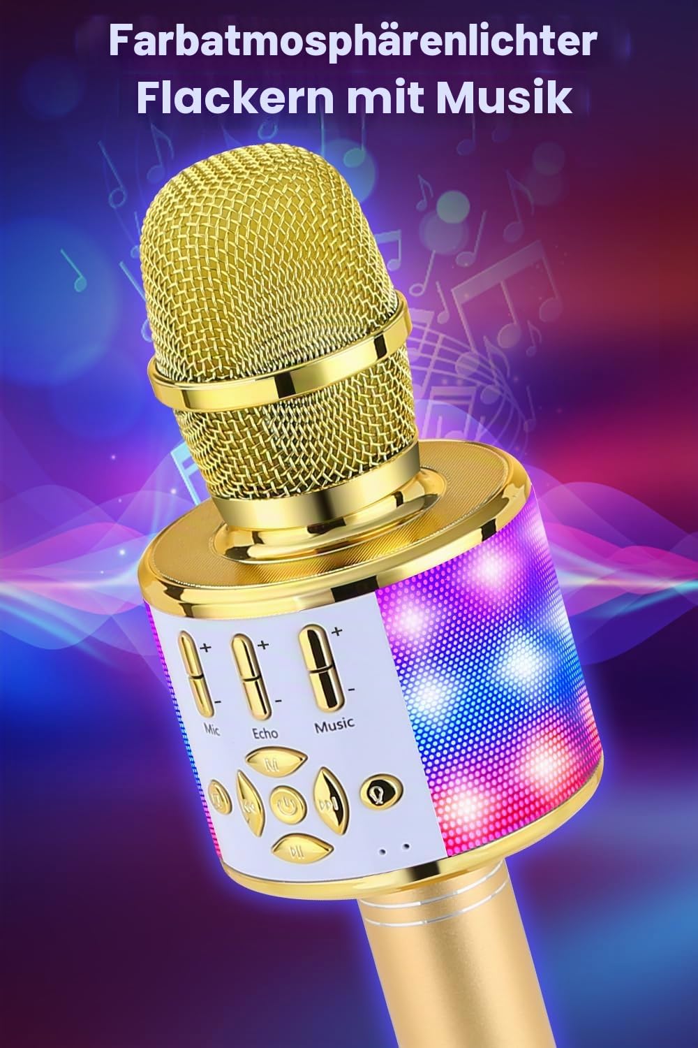 BONAOK Kabelloses Bluetooth-Mikrofon, Kindermikrofon mit LED-Lichtern, Mini-Karaoke-Maschine für Party/Zuhause/Geburtstag, kompatibel mit Bluetooth iOS Android (Gold)