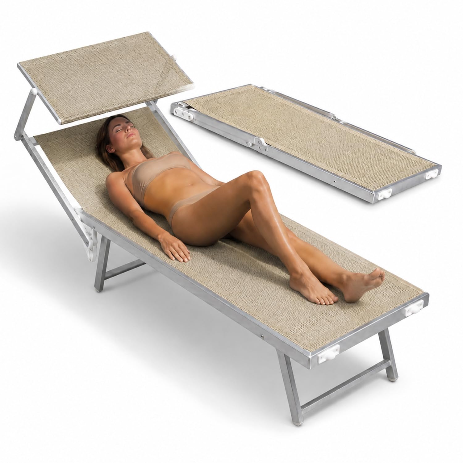 Avilia - Lettino Prendisole da Giardino con Parasole Girevole 360° – Alluminio, Texilene, 150 kg | Sdraio da Mare Pieghevole, Schienale 30-40°, L60×P186×A44/94 cm, Chiuso L60×A148 cm