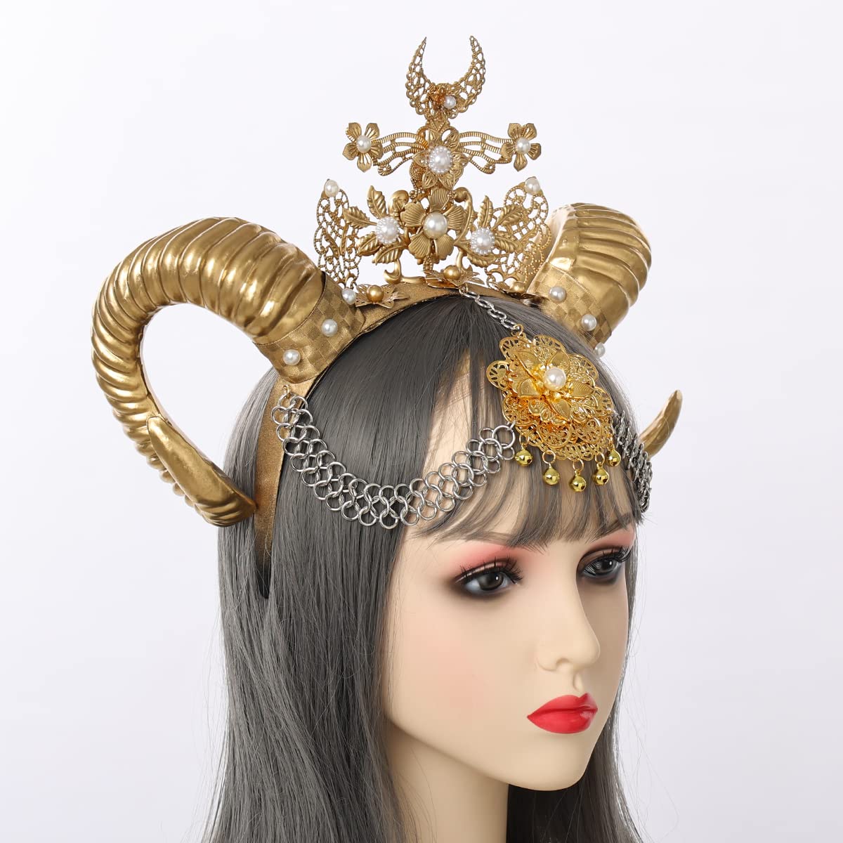 women Golden Flower Sheep Horn HairBand Gothic Headwear Costume Steampunk Cosplay (gold), Women: 20-22 - Image 2