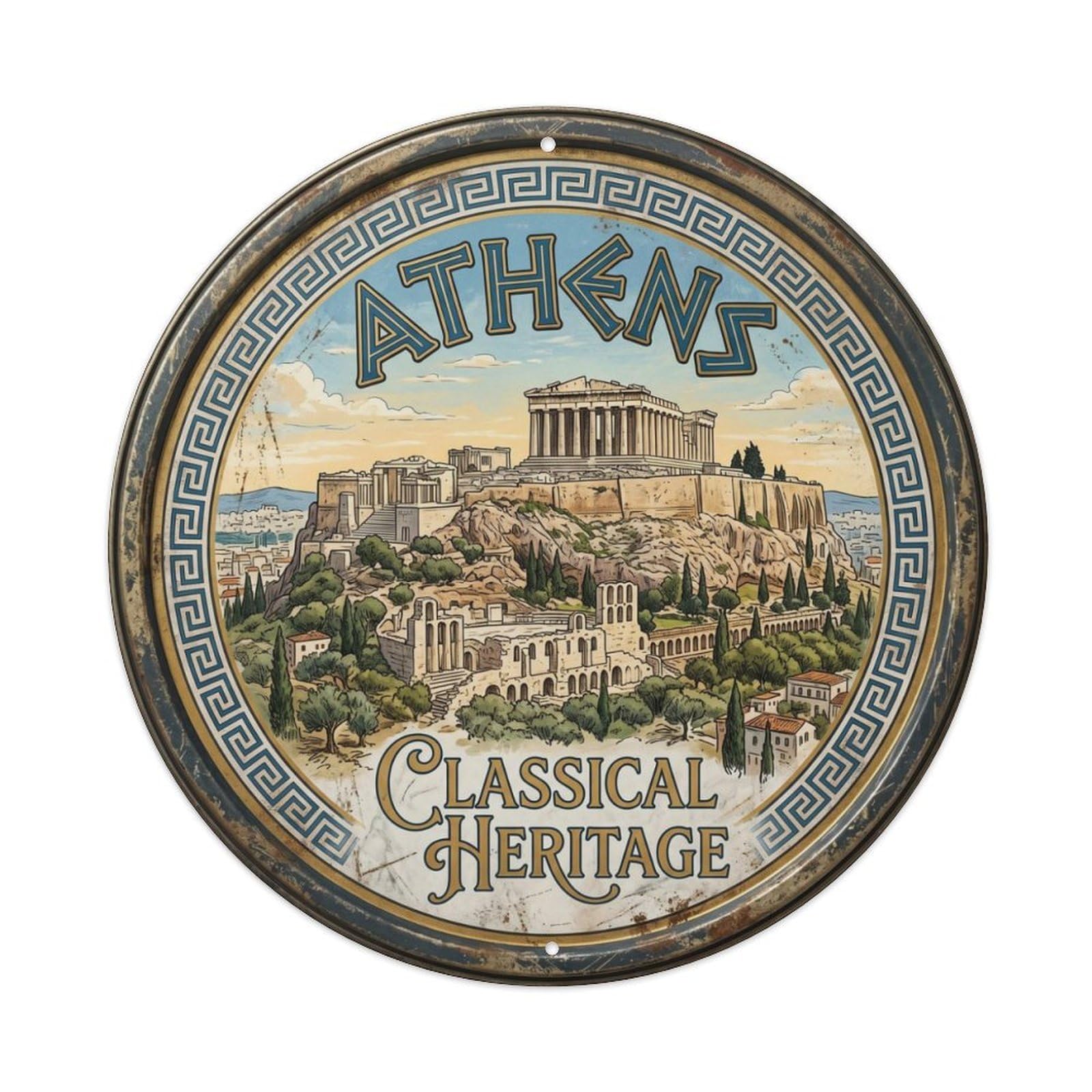 Vintage Travel Acropolis Athens Heritage Metal Tin Sign Plaque Wall Decor for Cafe, Club, Garden Round Metal Poster 8x8Inch