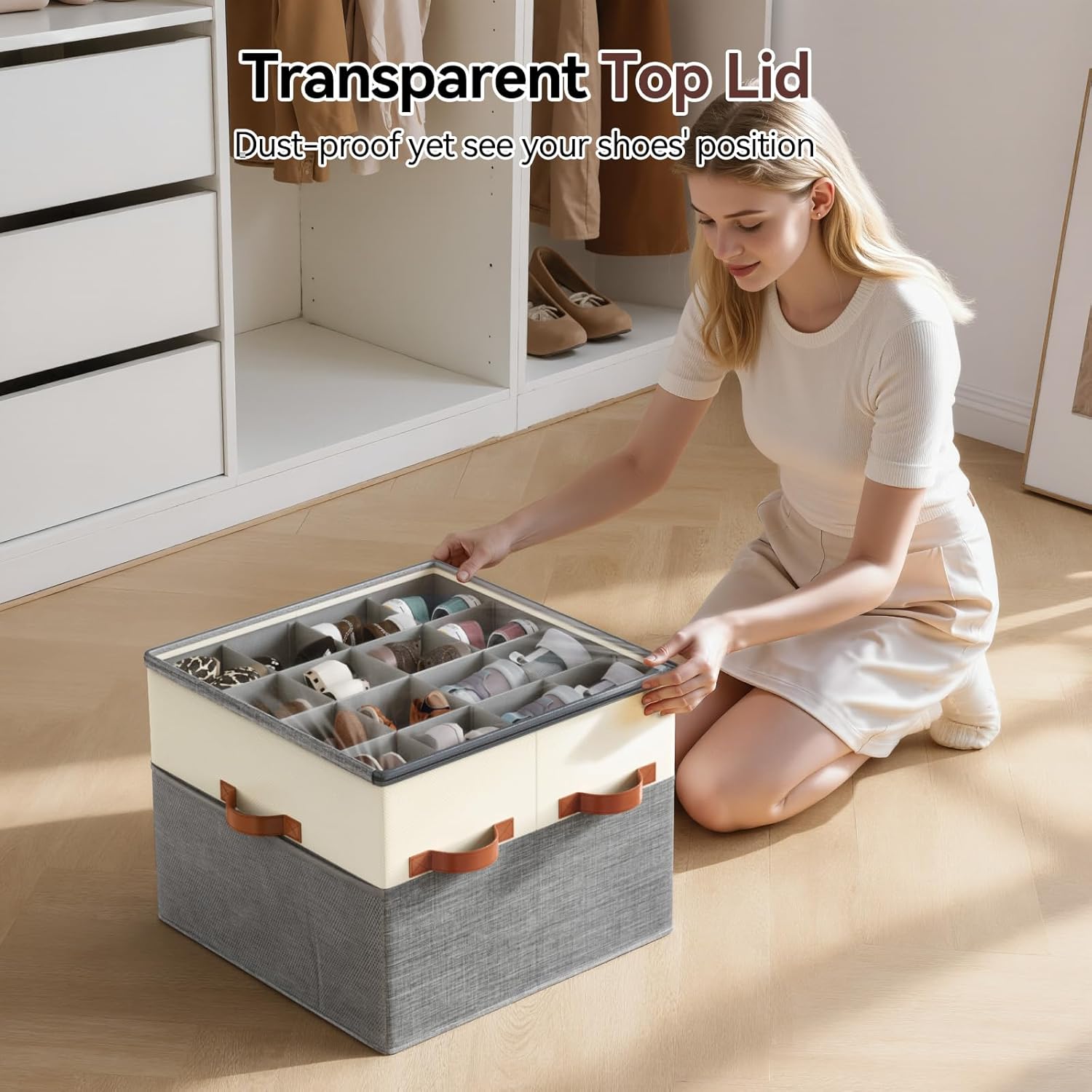 Lewondr Shoe Organizer for Closet, 2 Pack Foldable Shoe Storage Box with Adjustable Dividers and Clear Cover, Space Saving Shoes Holder with 4 Handles, Fits up to 32 Pairs, Beige+Gray