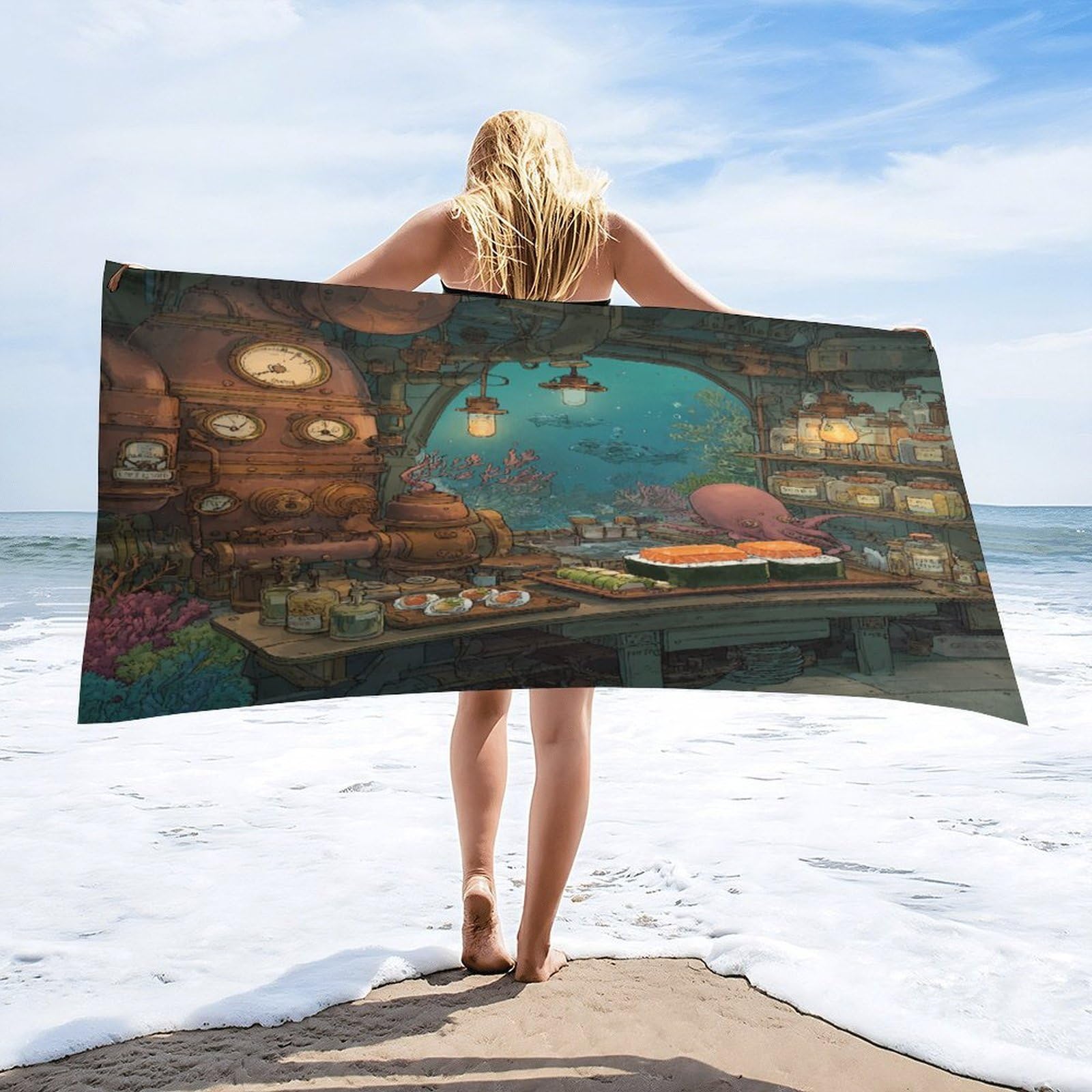 LUYYSKY Fantasy Cartoon Octopus Chef Quick-Drying Beach Towel, Oil Painting Japanese Sushi Underwater Animal Octopus Fish Travel Vacation Single Sided Pile Bathroom Towels-80 W cm x 160" L cm