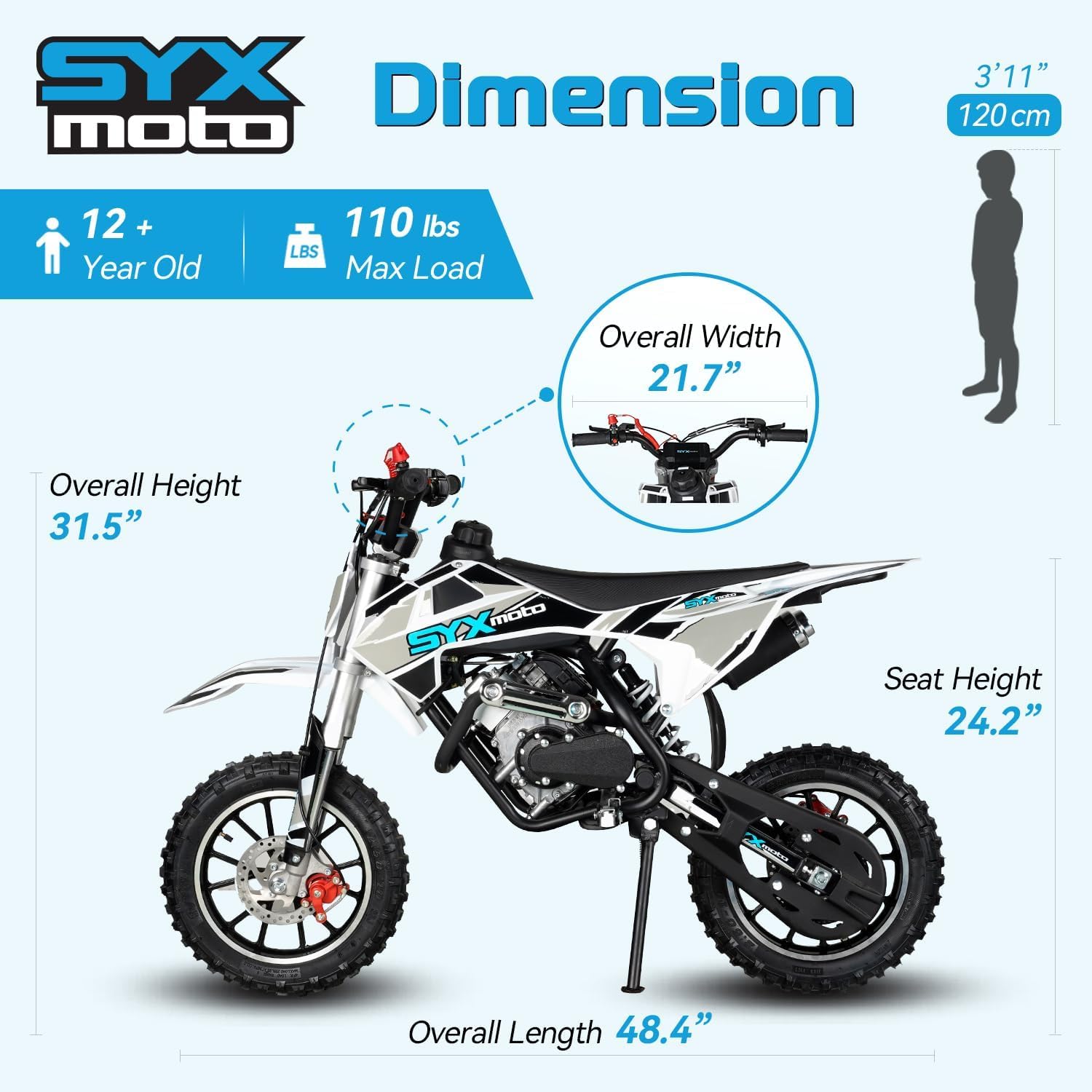 SYX MOTO VK Dirt Bike 60cc 4-Stroke Gas Powered Motorcycle Pit Bike Automatic Transmission Pull Start Up to 22 Mph 2.0 hp 10'' Wheel-Blue