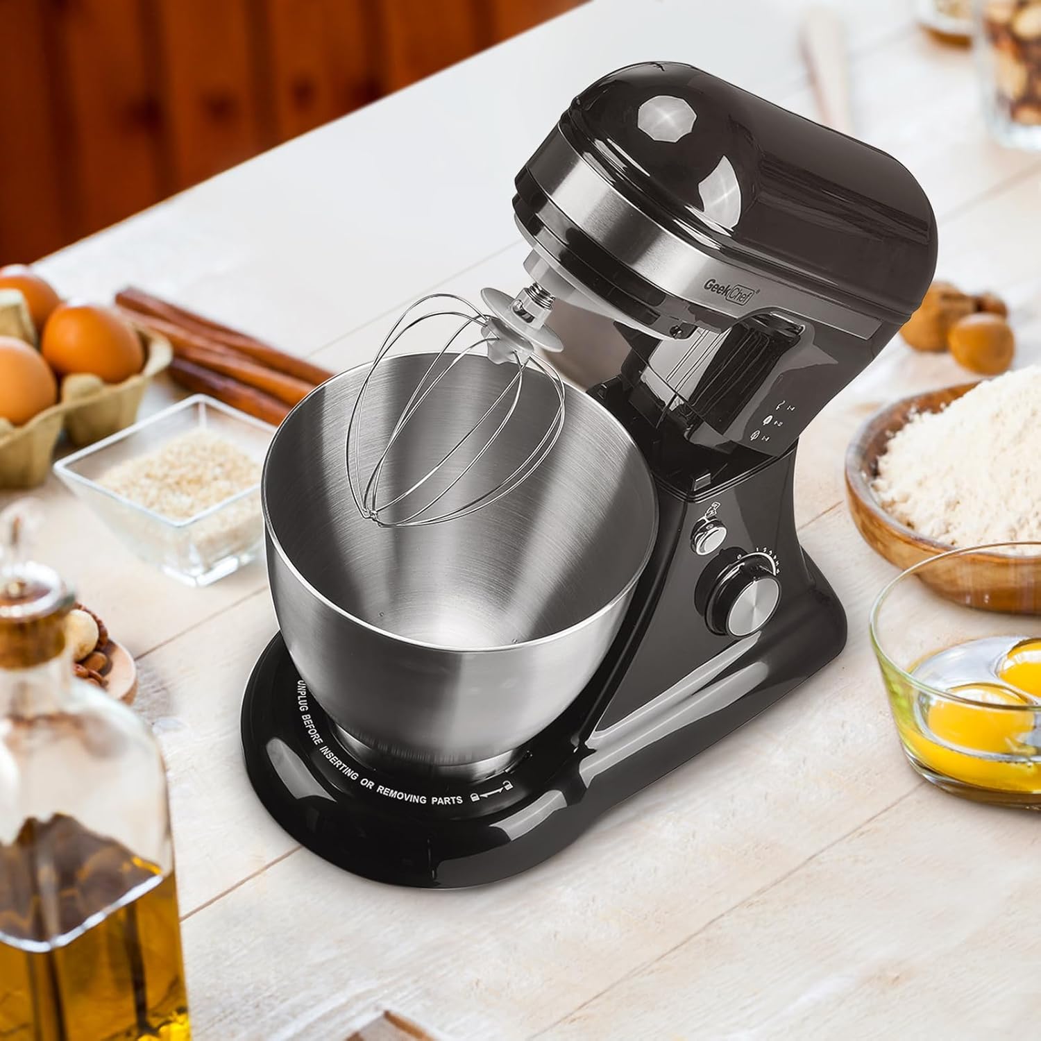 Geek Chef Electric Stand Mixer, 4.8QT 12 Speeds Tilt-head Food Mixer with Dough Hook, Whisk, Beater, Bowl, Rotary Knob for Home Kitchen Use, Black