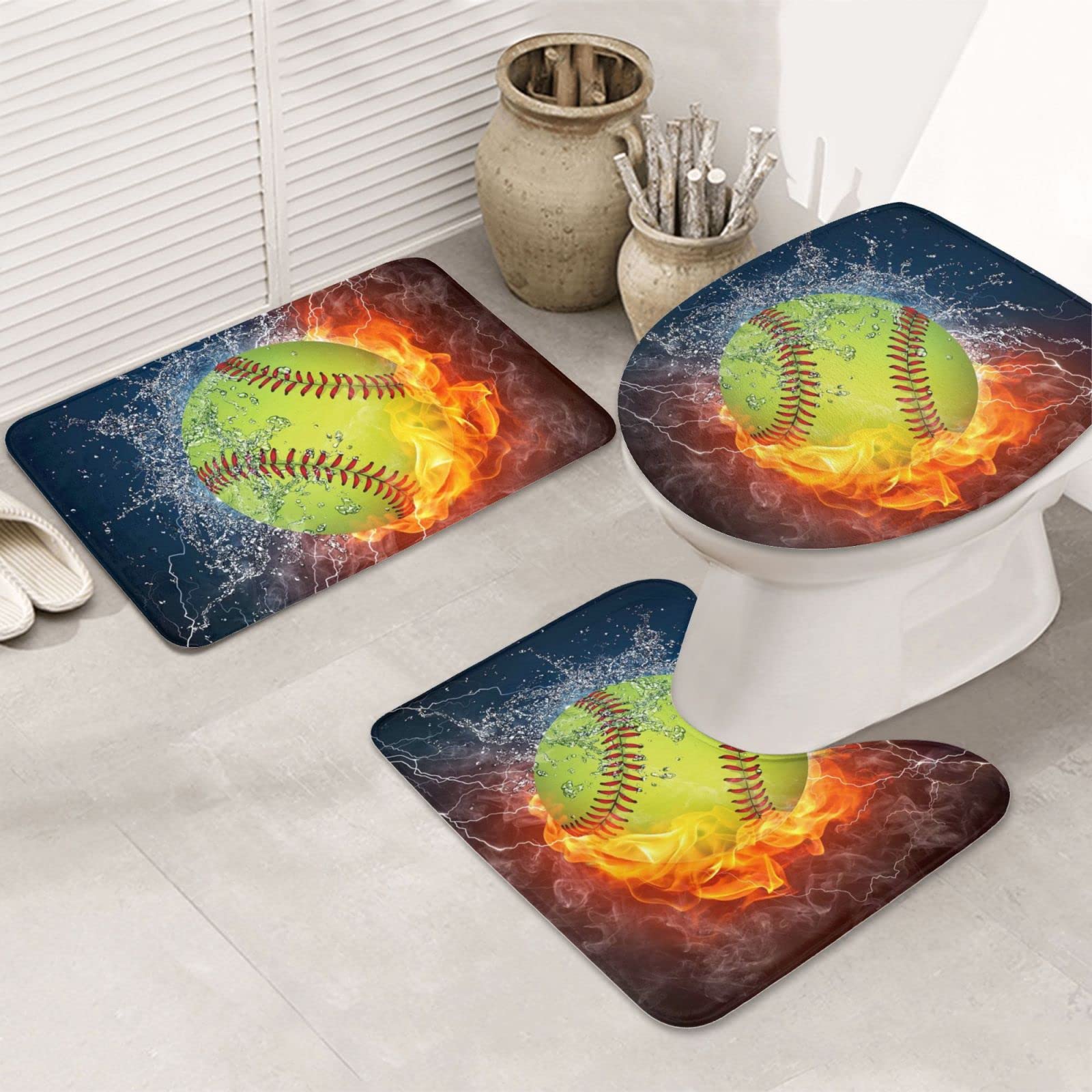 Tapis de salle de bain antidérapant lot de 3 imprimé softball