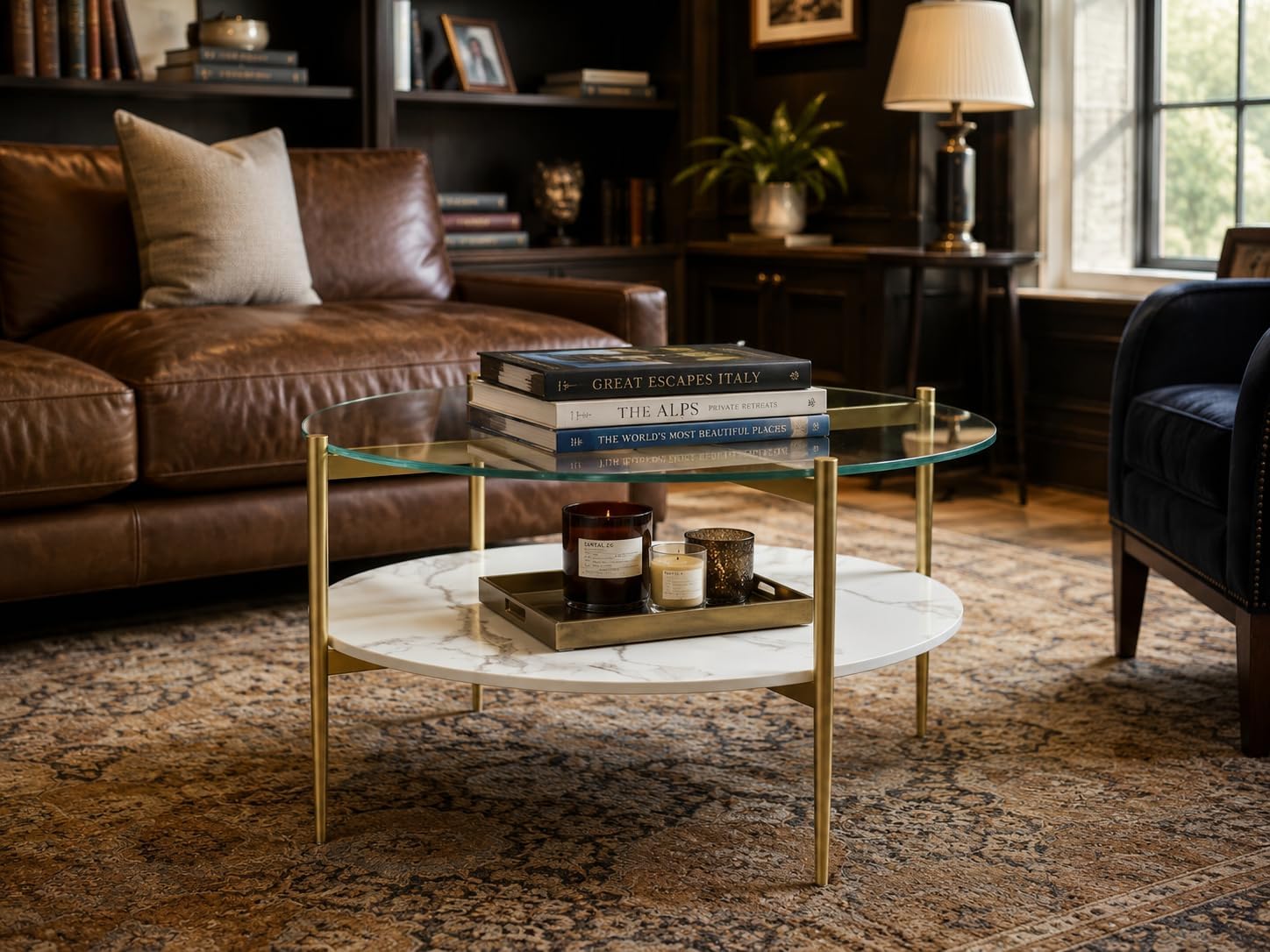 AGV LIGHTING 30" Round Glass Coffee Table,Mid-Century Modern Coffee Table for Living Room, Glod Finish Leg,2-Tier,Tempered Glass Top with White Marble MDF Shelf