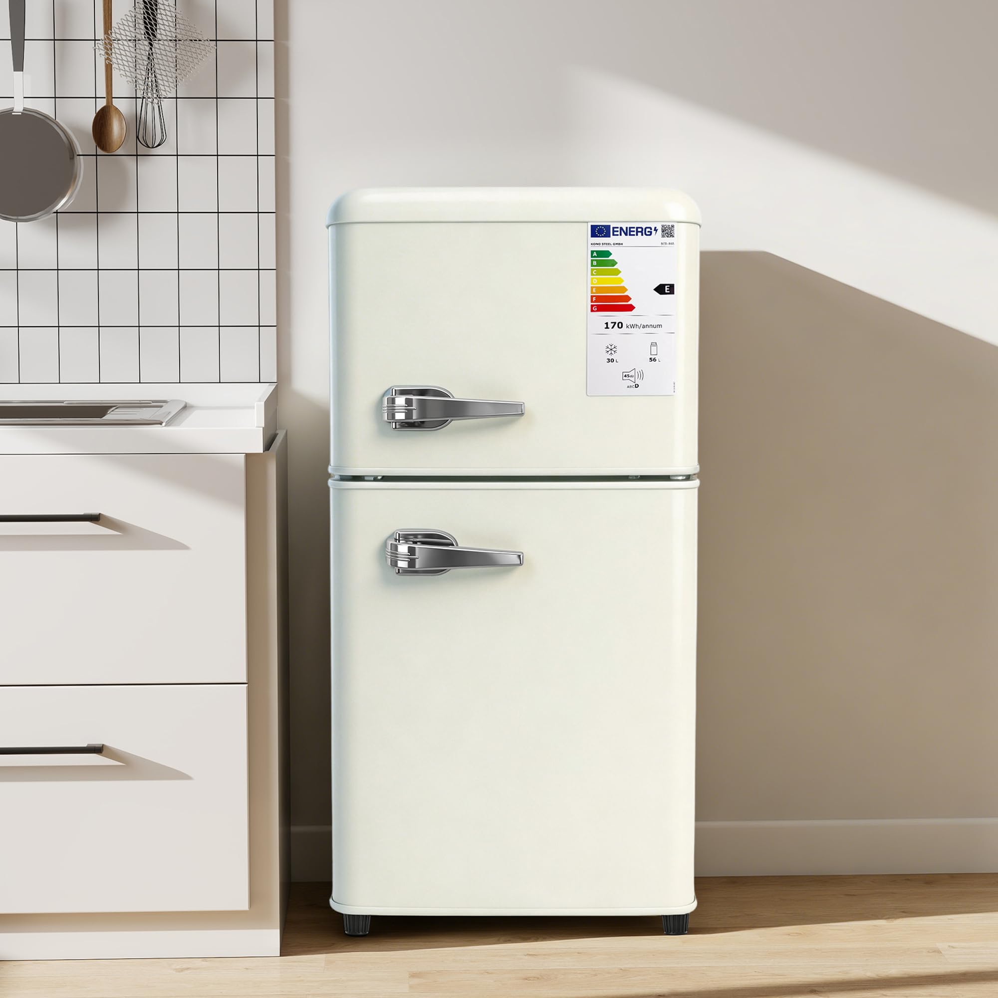 Sweiko Réfrigérateur à deux portes (86 litres), compartiment réfrigérateur 56 litres + compartiment congélateur 30 litres, 7 niveaux de réglage de la température, classe énergétique E (Off White)