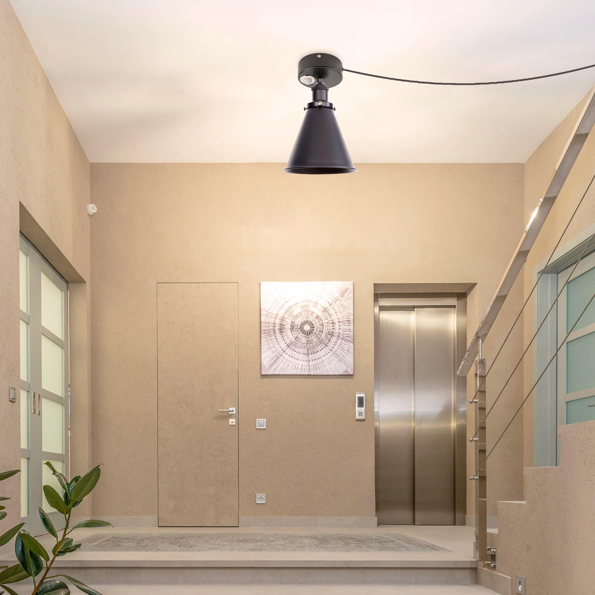 Plafoniera con sensore di movimento interno, in ferro industriale, con sensore di movimento radar con cavo da 4,5 m e portalampada E27, per corridoio, bagno, scale, garage, nero
