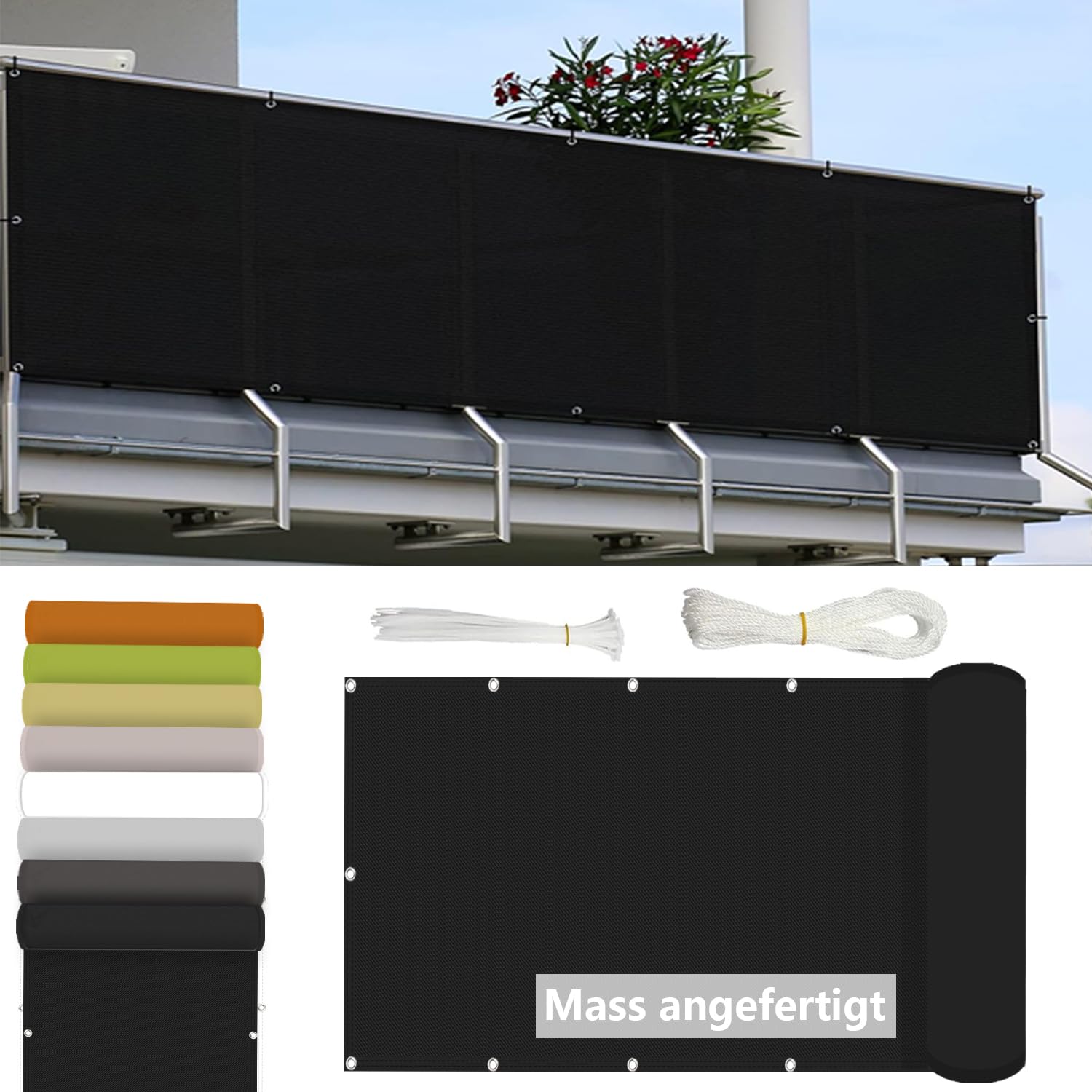 Sichtschutz Balkon Balkonverkleidung,mit Kabelbinderfür den Gartenzaun oder Balkon-100x500cm-Schwarz