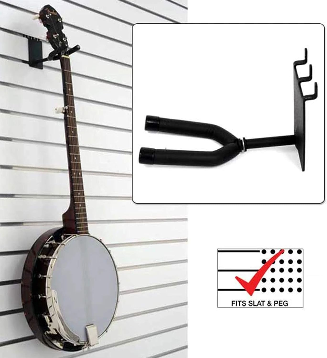 Padded Metal 2" Standard Banjo Hanger, Can Be Used as a Slatwall or Pegboard Mounted Display (Quantity 1) (1, Black)