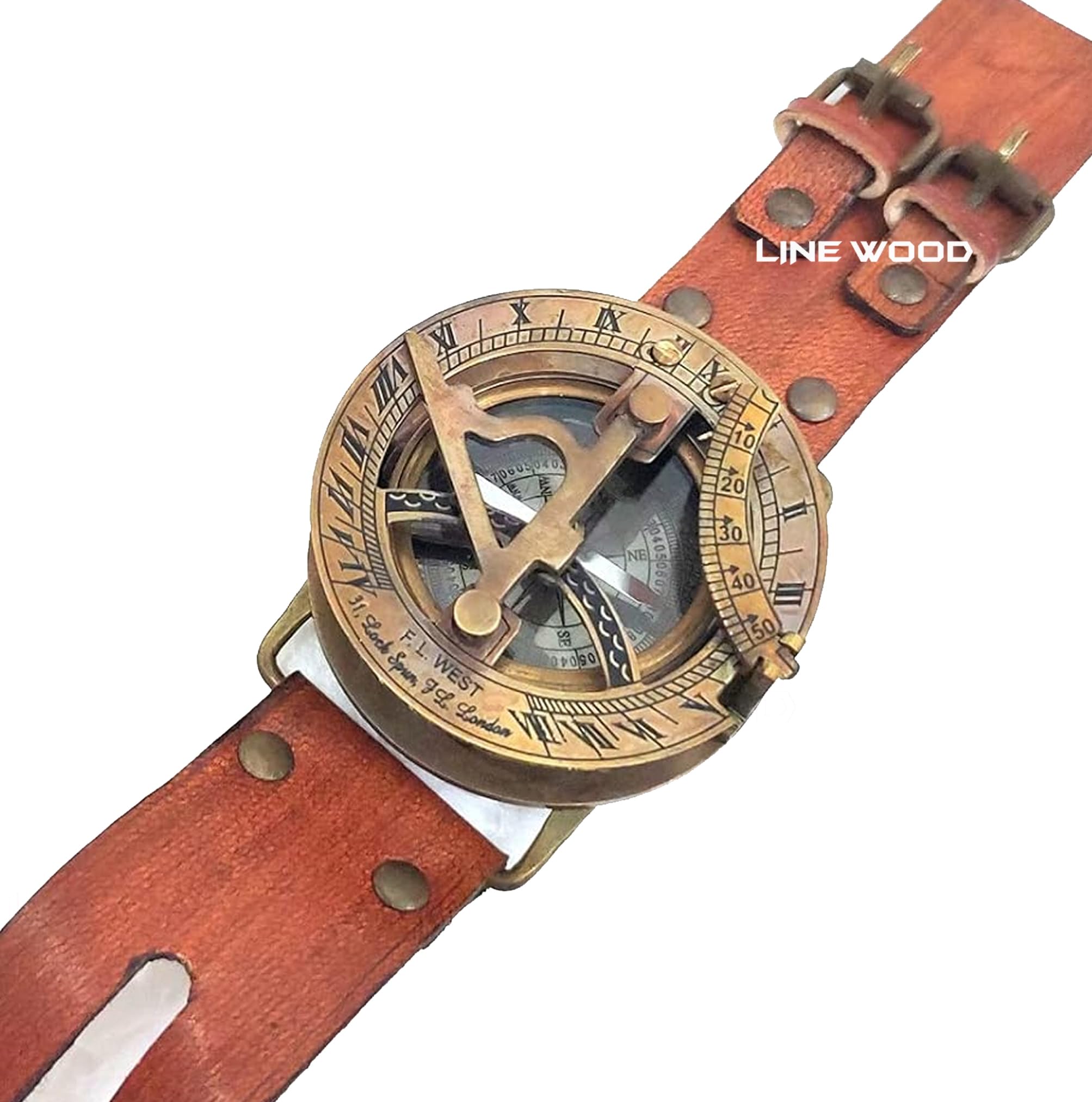 line wood LINE WOOD™ - Retro Leather Band Sundial Compass – Handmade Antique Nautical Watch for Boating, Camping & Outdoor Explorations (2.5 Inch – Brown)-picture-12