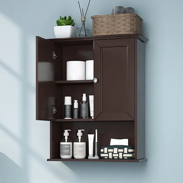 VANIRROR Bathroom Wall Cabinet Expresso Over Toilet Storage - 24x30 in Above Toilet Wood Medicine Cabinet with Adjustable Shelf & 2 Door Mounted Wall Cabinet