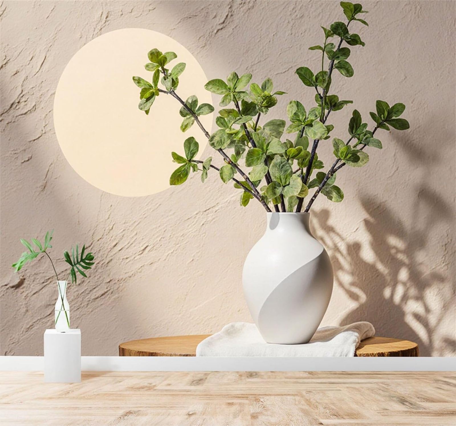 XLMING Minimalist Three Dimensional Green Branches White Vase Soft Sunlight 3D Wallpaper Premium Textured Silk Study Dining Living Room Bedroom Sofa TV Wall Easy Install-400cm×280cm